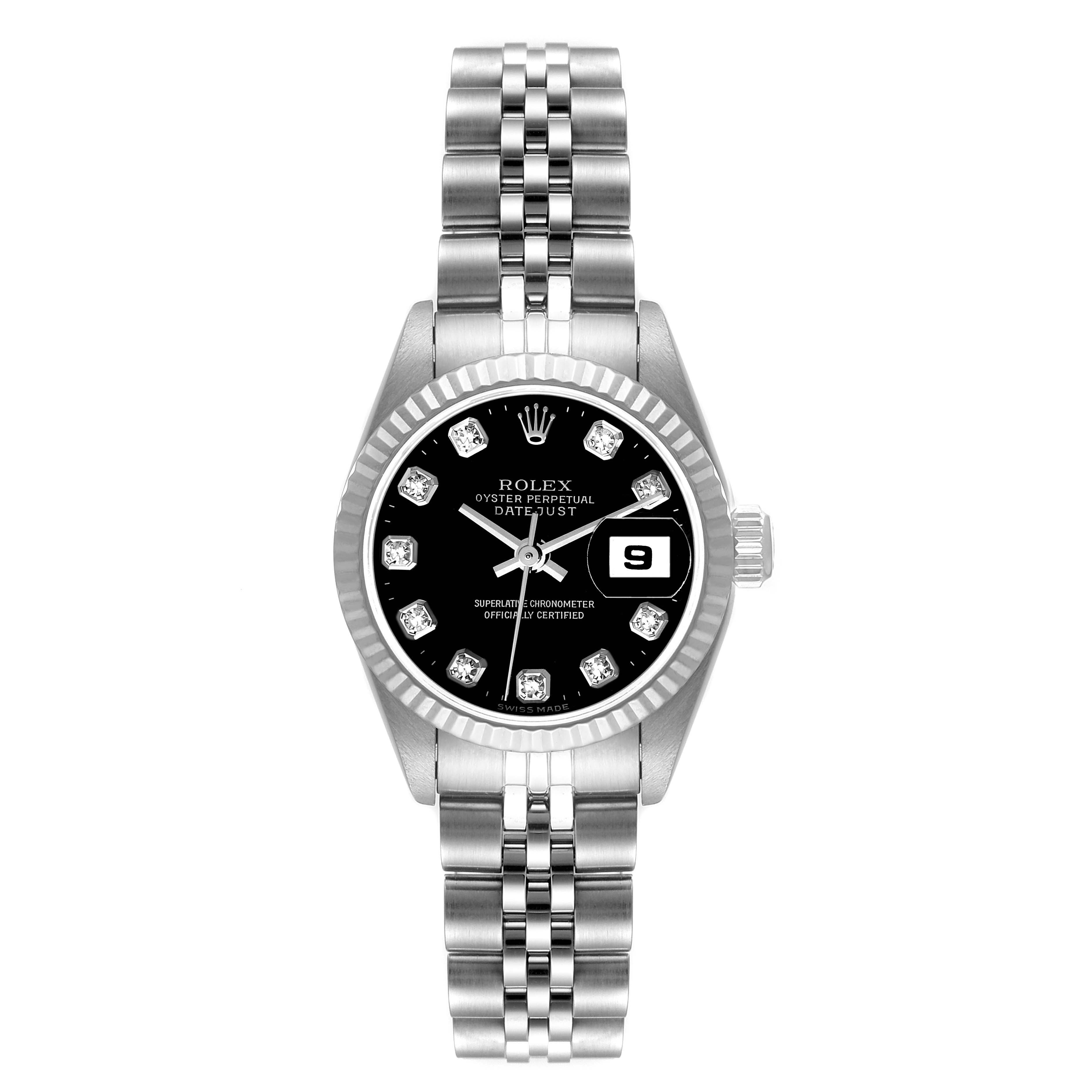 This image shows a front view of a Rolex Datejust 69174 Women's Stainless Steel Black Dial 69174 Women's Stainless Steel Black Dial watch, highlighting the black dial, diamond hour markers, date window, and Jubilee bracelet.