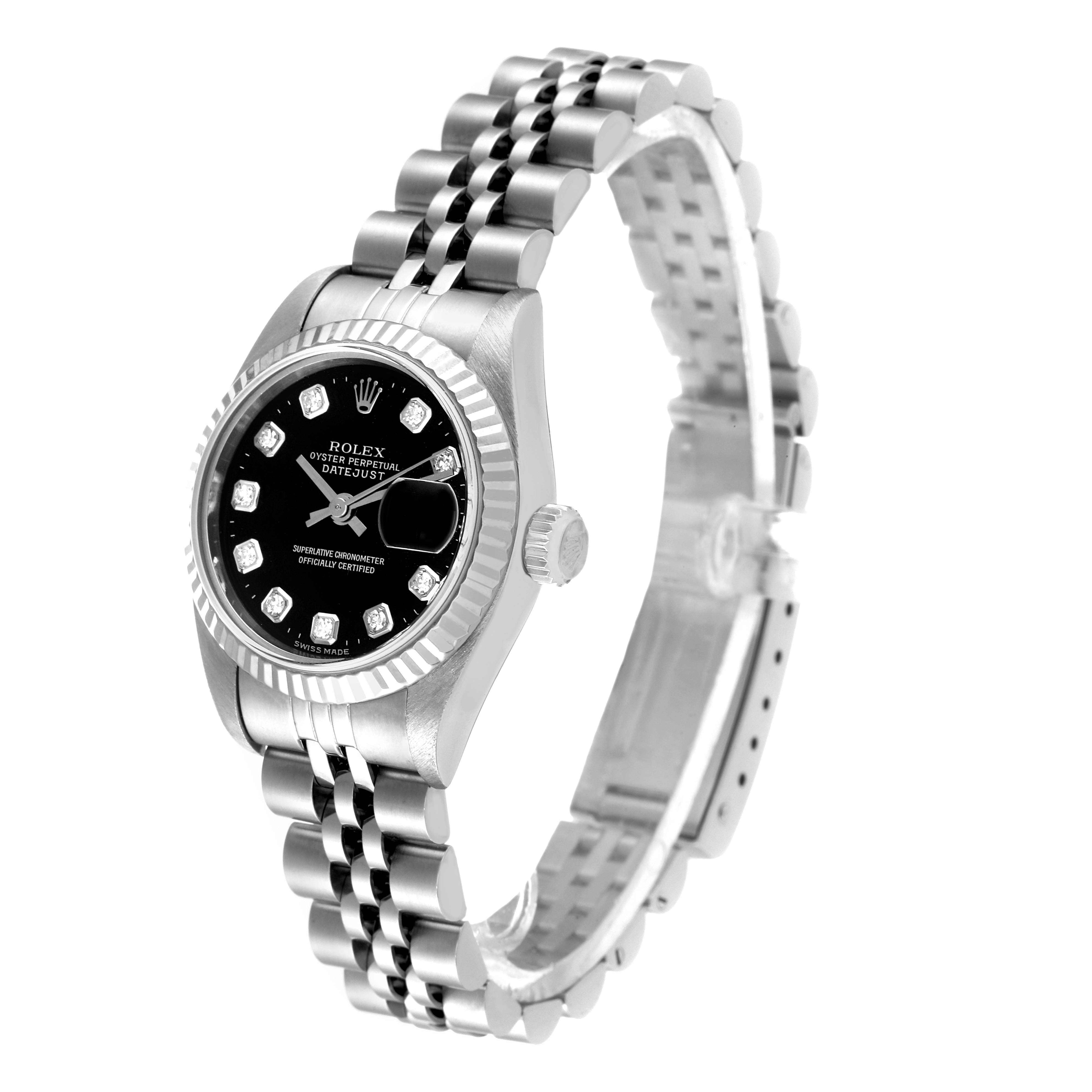 This is a Rolex Datejust 69174 Women's Stainless Steel Black Dial 69174 Women's Stainless Steel Black Dial watch shown at a three-quarter angle, displaying the face, bezel, crown, and bracelet.