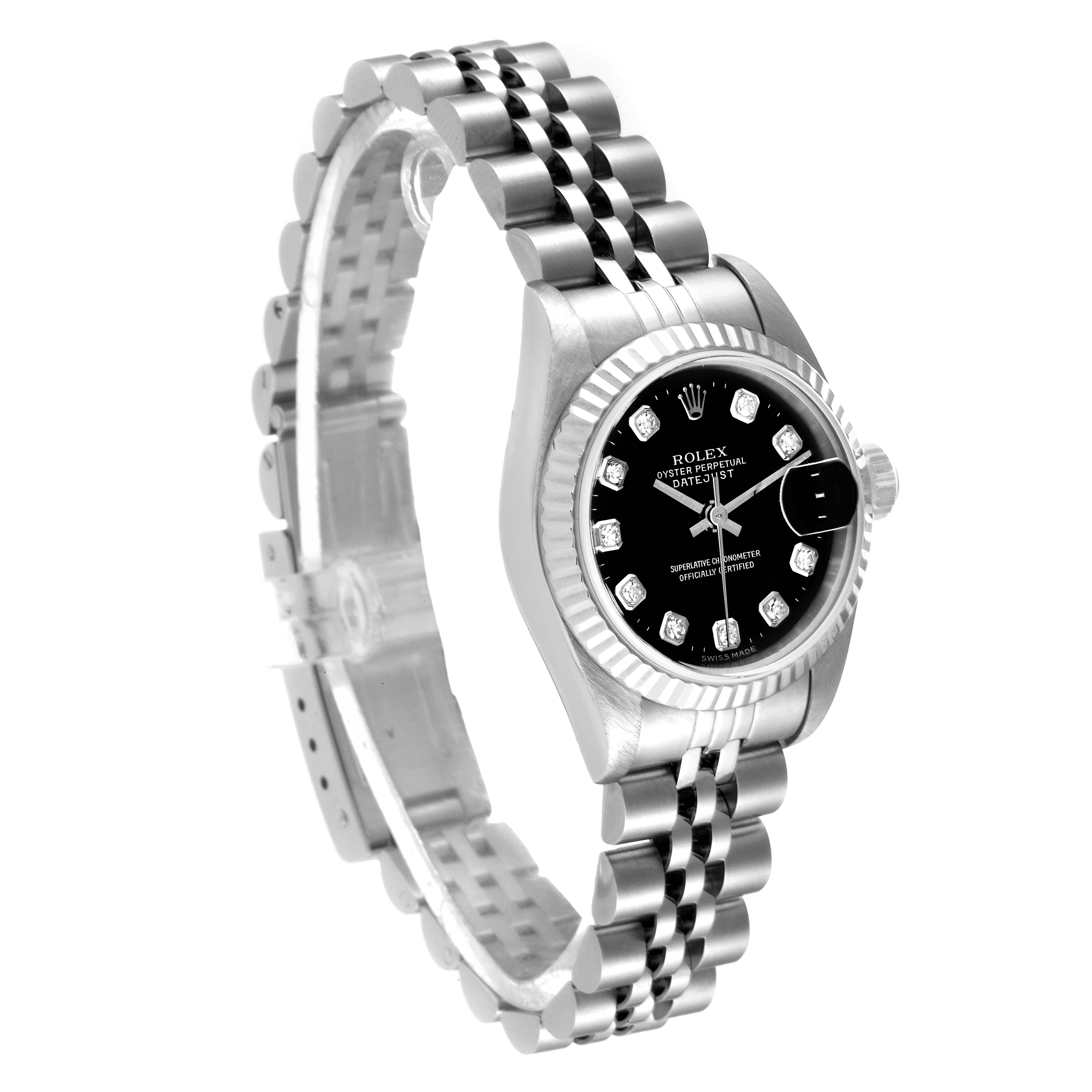 This Rolex Datejust 69174 Women's Stainless Steel Black Dial 69174 Women's Stainless Steel Black Dial watch is shown at a three-quarter angle, highlighting the face, bezel, and Jubilee bracelet.