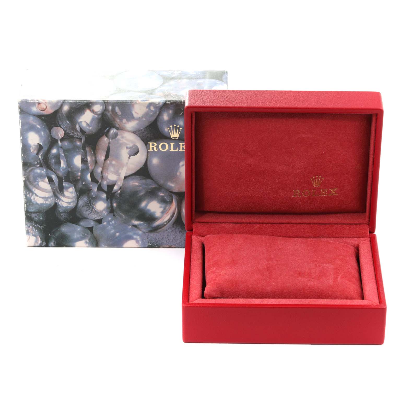 The image shows an open Rolex Datejust 69174 Women's Stainless Steel Pink Dial watch box from a front angle, with the outer box and cushion visible.