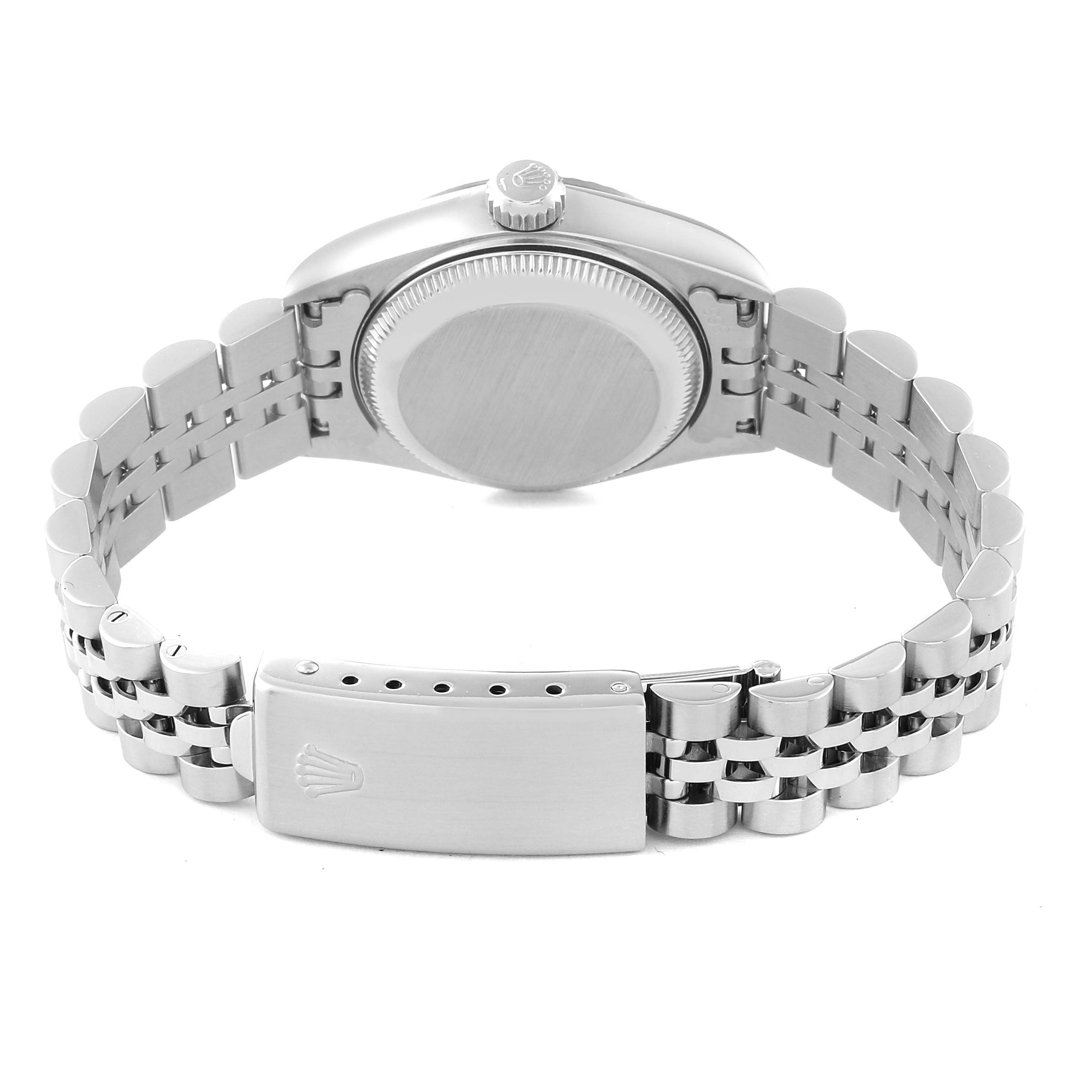 The image shows the back view of a Rolex Datejust 69174 Women's Stainless Steel Pink Dial watch, focusing on the case back and Jubilee bracelet with clasp.