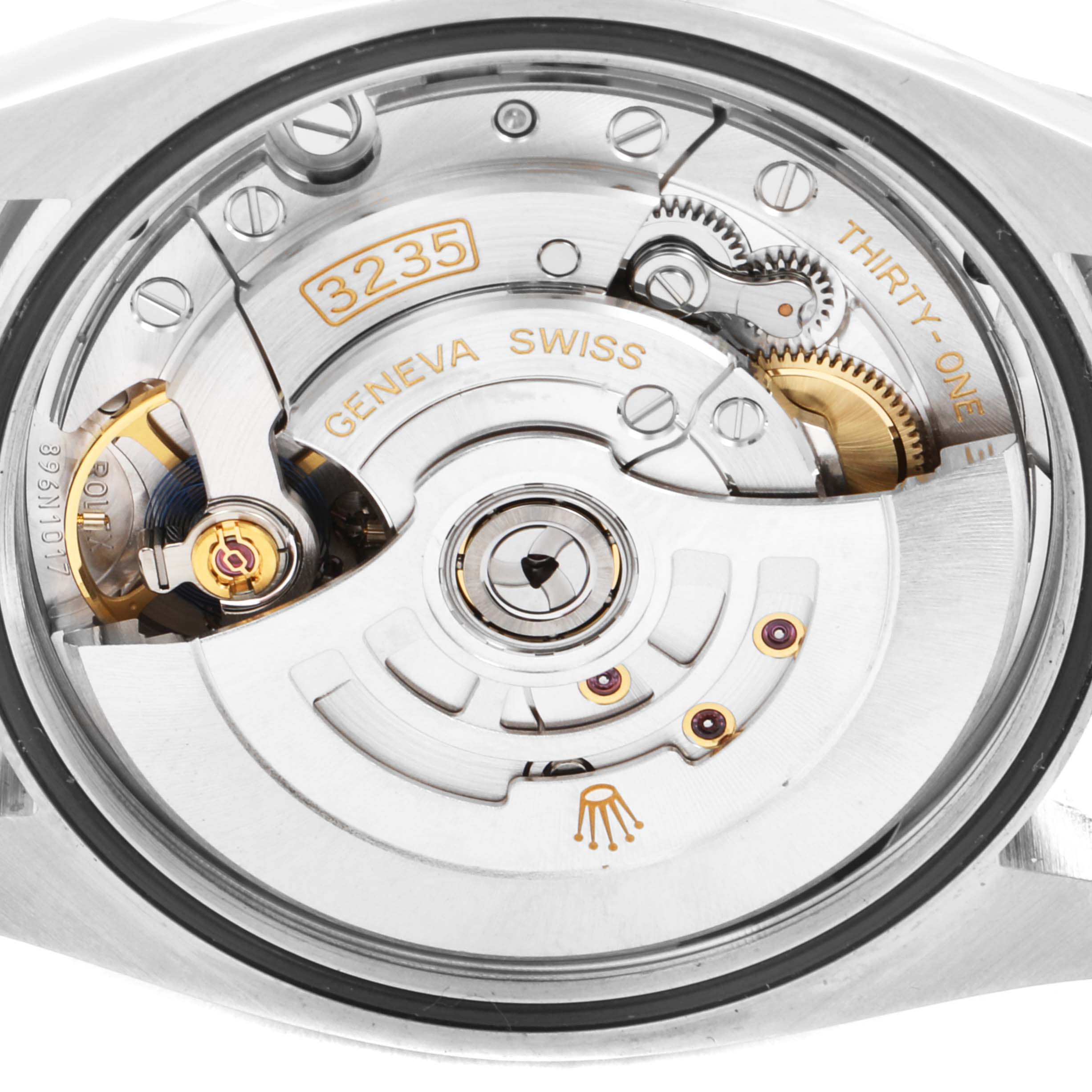 This image shows the internal mechanical movement of a Rolex Datejust 126234 Men
s Stainless Steel Silver Dial 126234 Men
s Stainless Steel Silver Dial watch, viewed from the back.