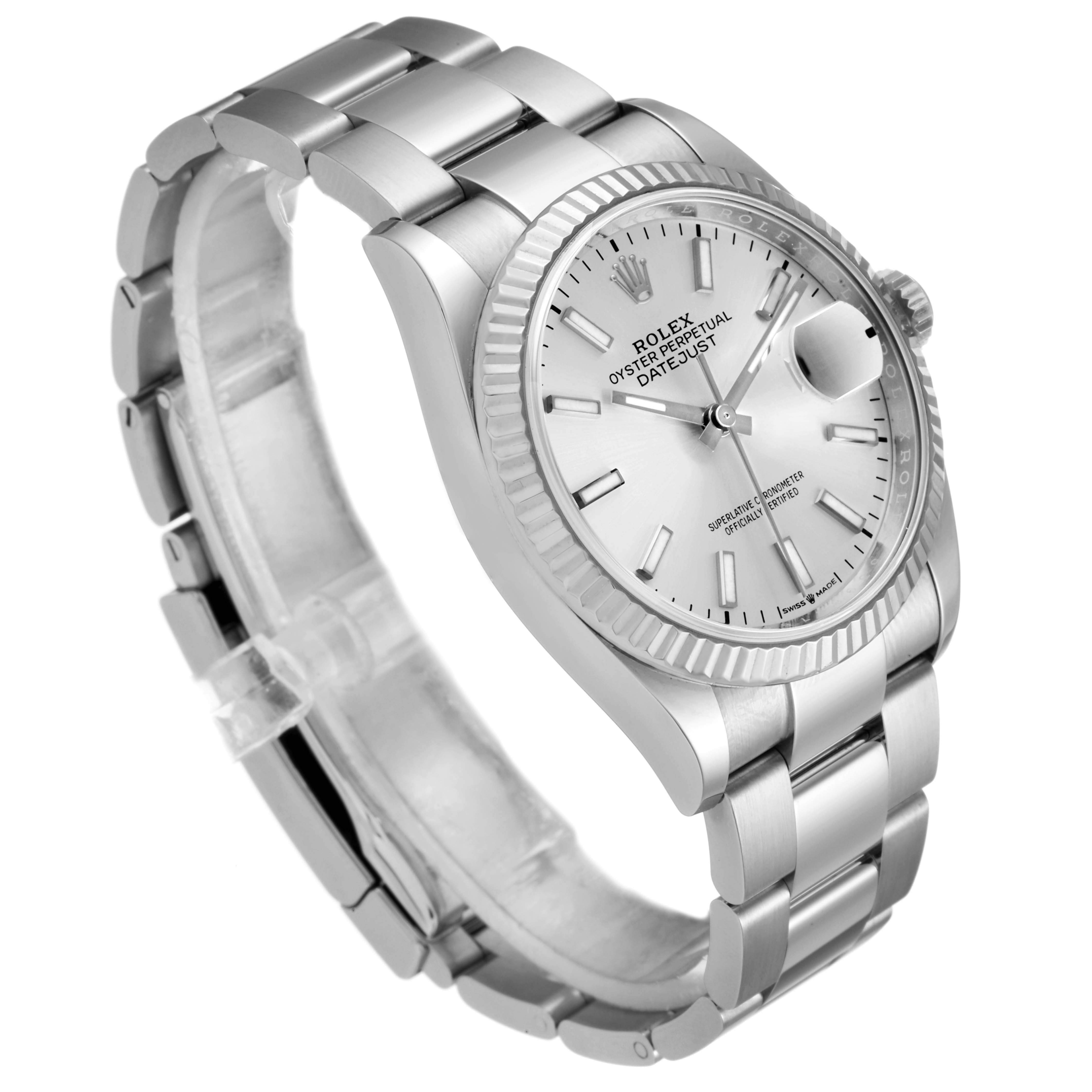 The image shows a Rolex Datejust 126234 Men
s Stainless Steel Silver Dial 126234 Men
s Stainless Steel Silver Dial watch at a slight angle, revealing the face, bracelet, clasp, and bezel.