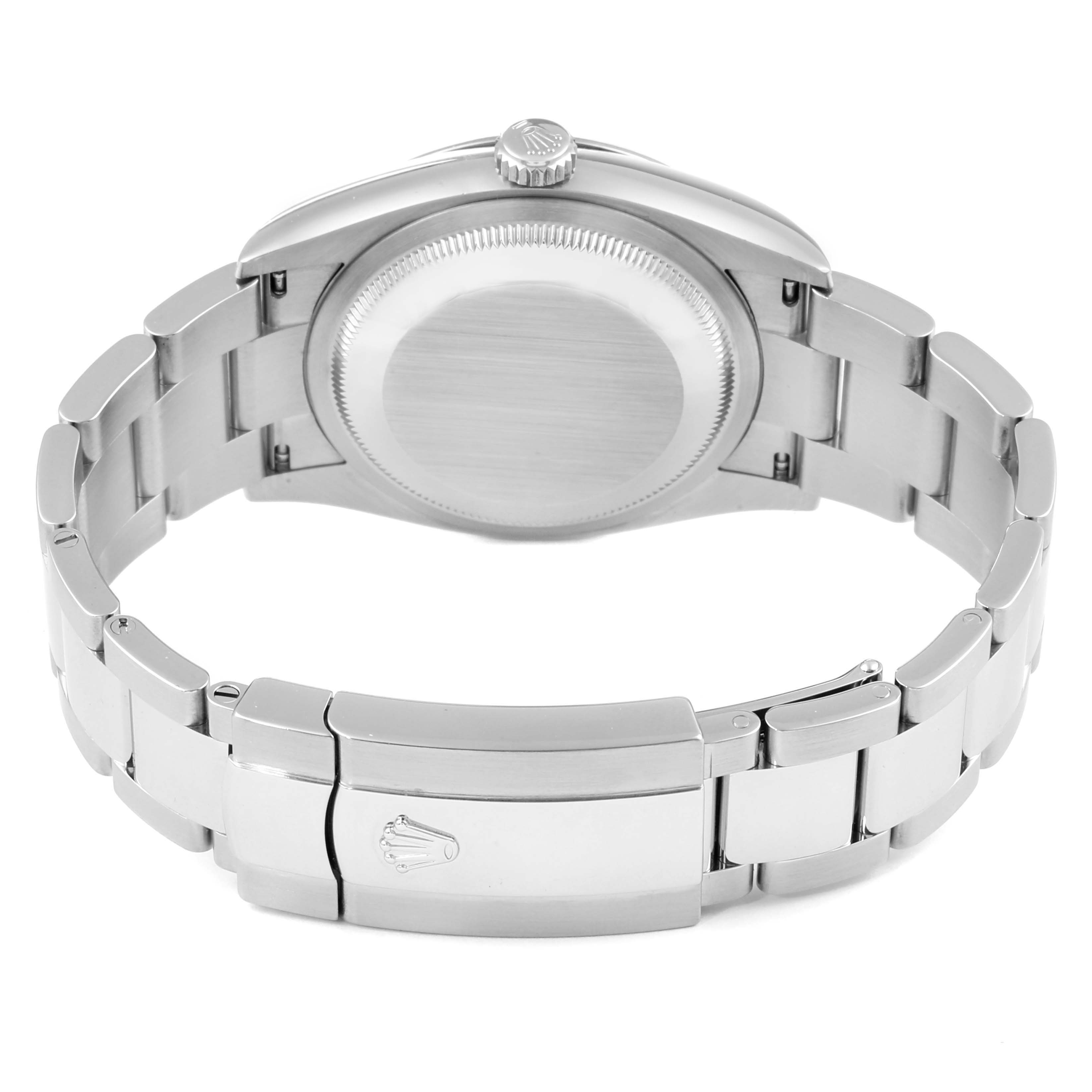 This image shows the back view of a Rolex Datejust 126234 Men
s Stainless Steel Silver Dial 126234 Men
s Stainless Steel Silver Dial, focusing on its case back and bracelet with a clasp.