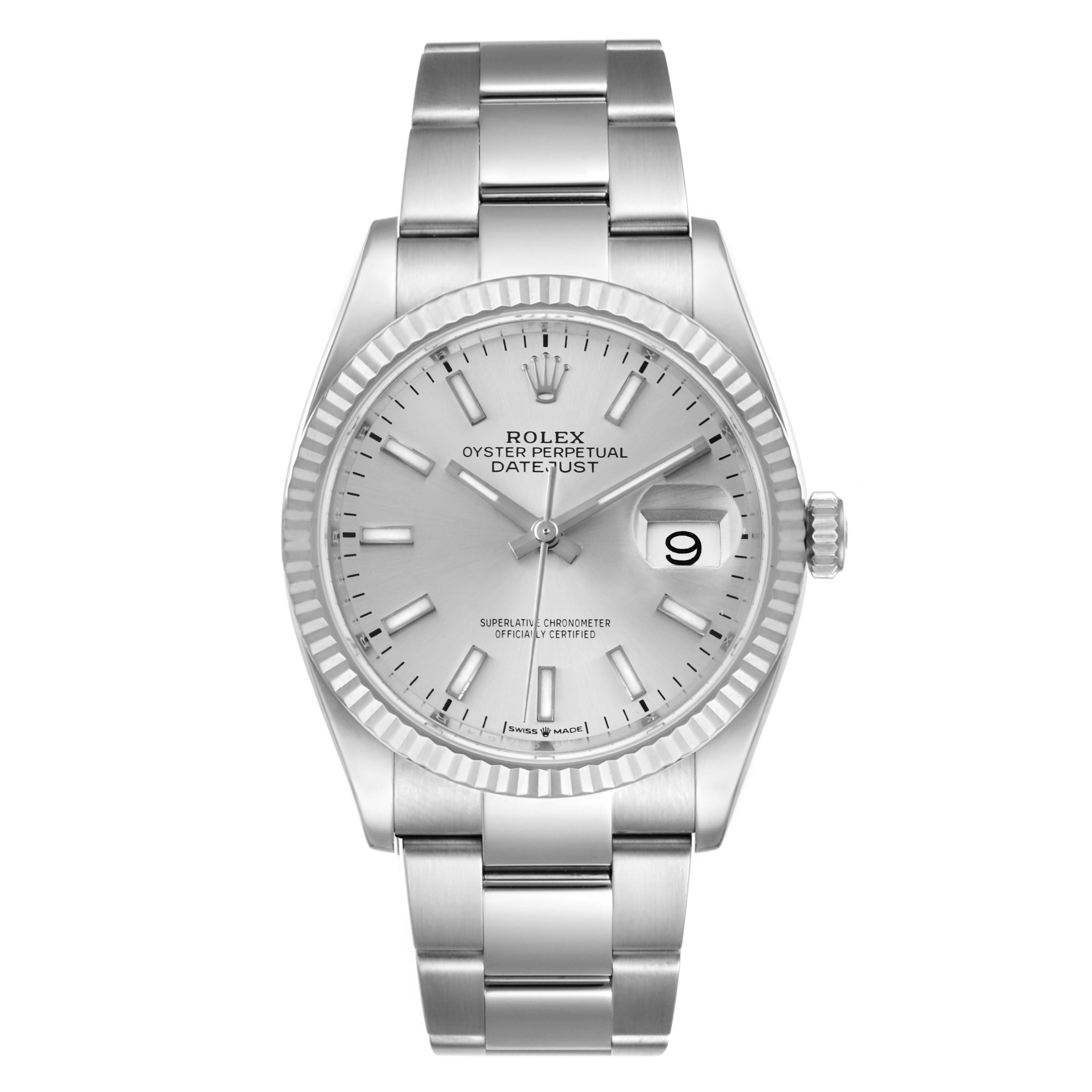 The image shows a frontal view of a Rolex Datejust 126234 Men
s Stainless Steel Silver Dial 126234 Men
s Stainless Steel Silver Dial watch, highlighting its dial, bezel, bracelet, and date window.
