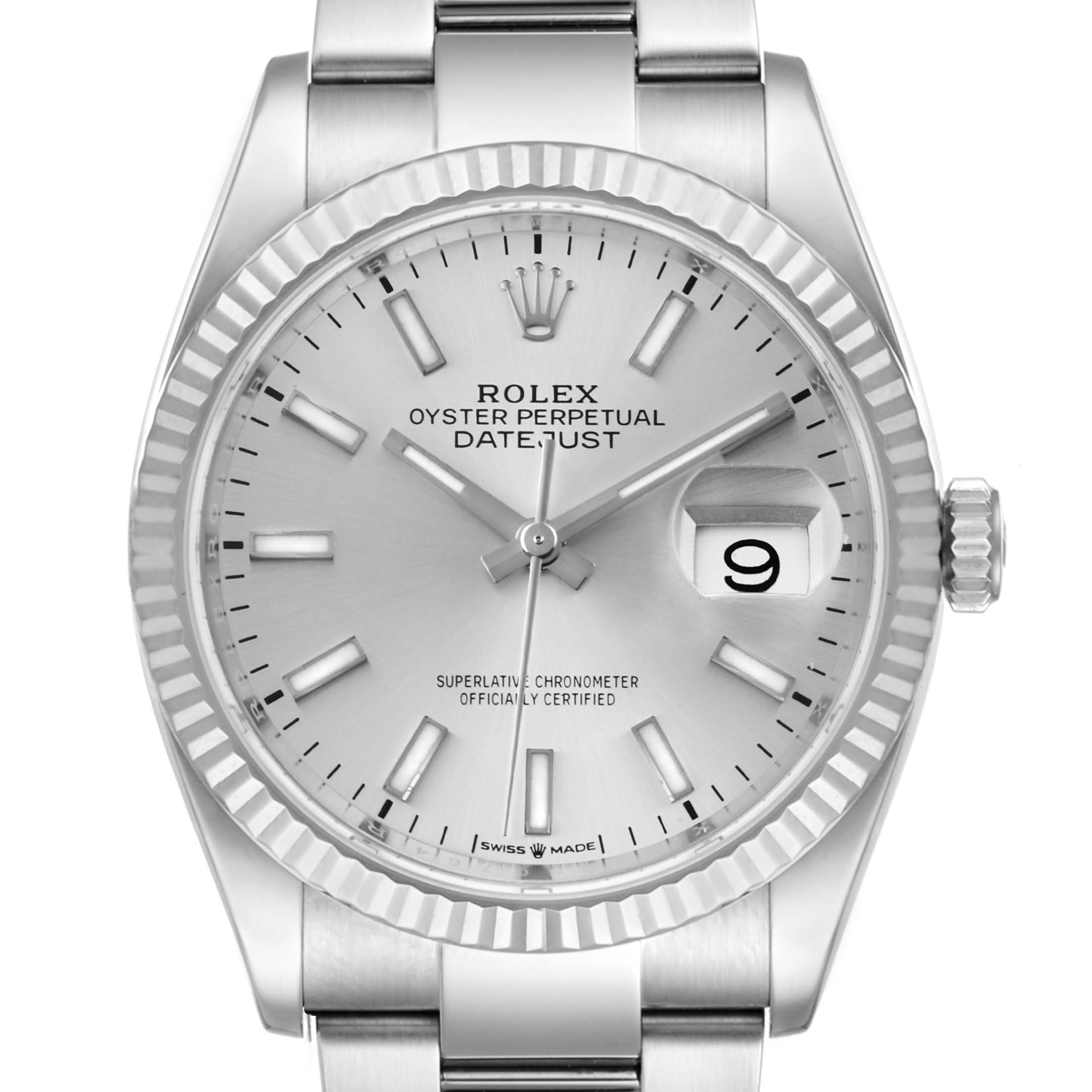The image shows a Rolex Datejust 126234 Men
s Stainless Steel Silver Dial 126234 Men
s Stainless Steel Silver Dial watch from a front angle, displaying the dial, hands, bezel, and bracelet.