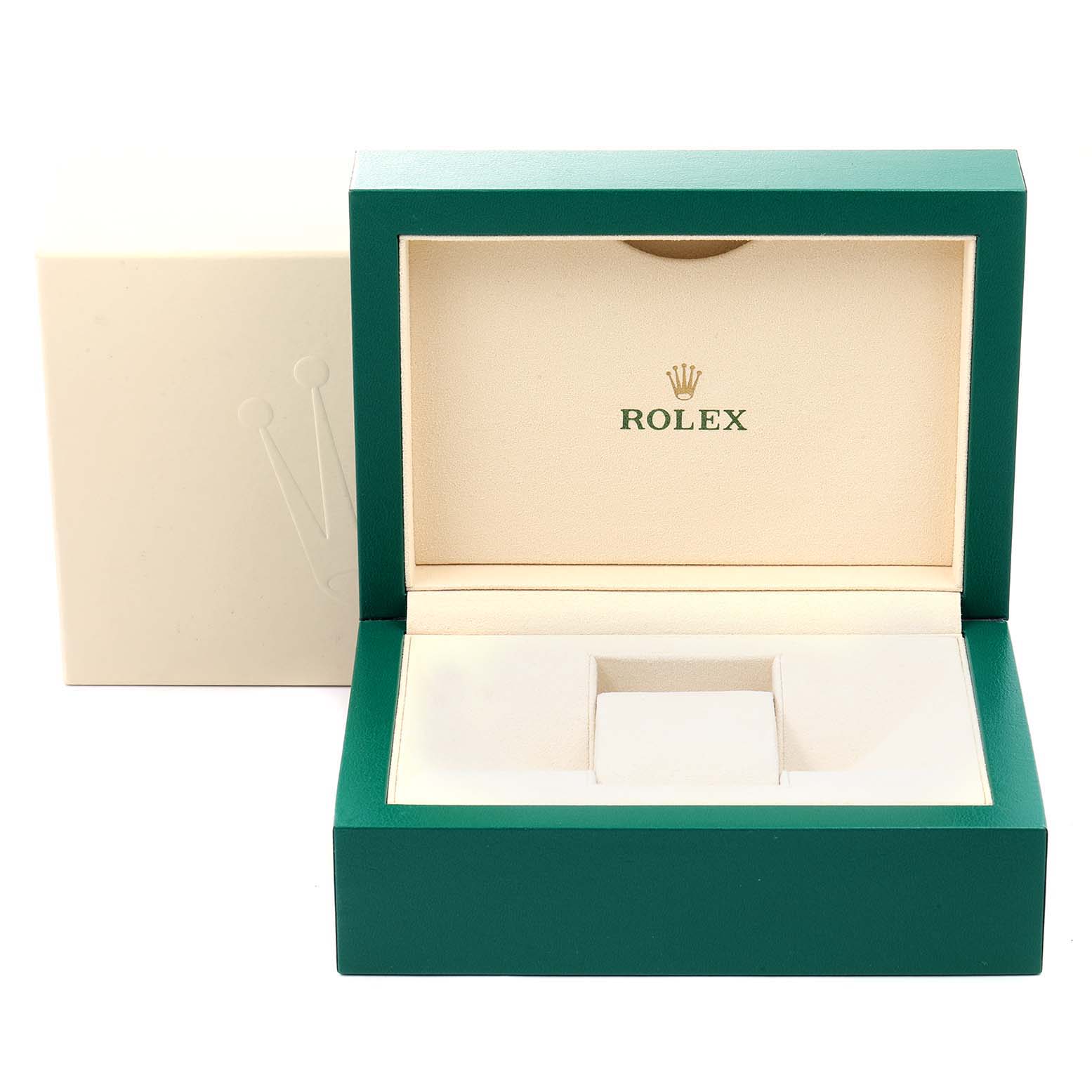The image shows an empty green and cream box for the Rolex Datejust 126234 Men
s Stainless Steel Silver Dial 126234 Men
s Stainless Steel Silver Dial watch, open from a front angle.