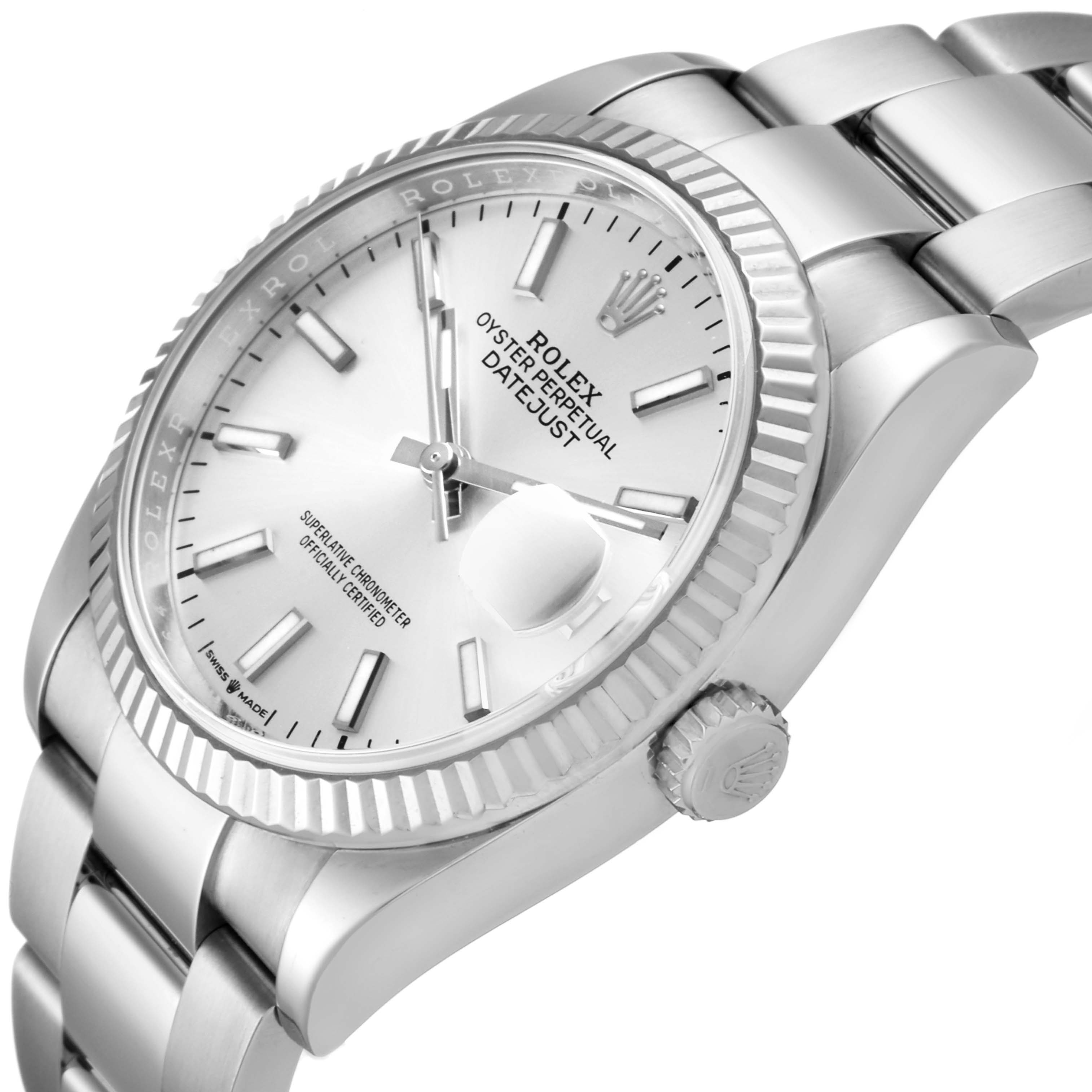 The image shows a Rolex Datejust 126234 Men
s Stainless Steel Silver Dial 126234 Men
s Stainless Steel Silver Dial watch angled from the front left, highlighting the dial, bezel, crown, and bracelet.