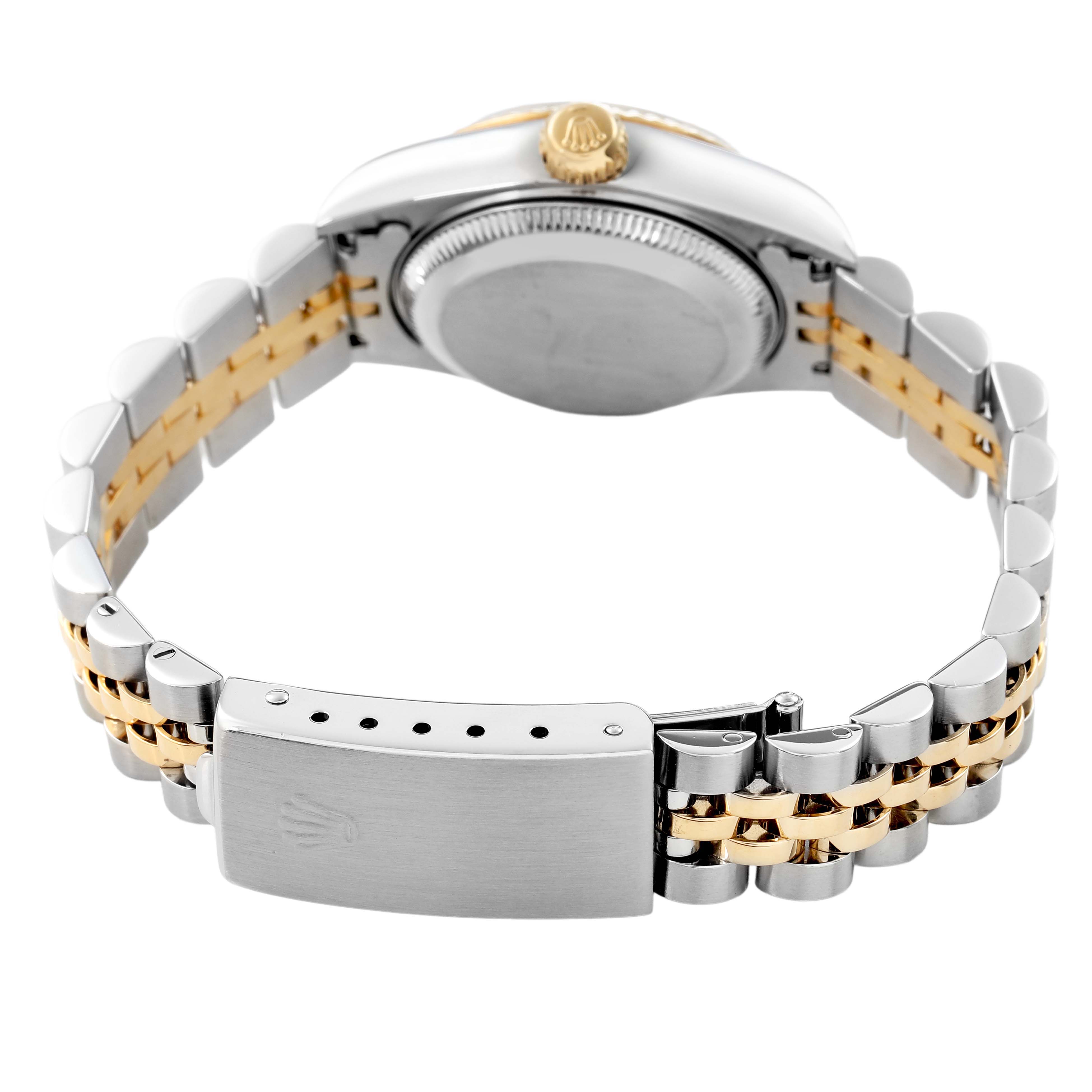 The image shows the back of a Rolex Datejust 79173 Women's Stainless Steel Black Dial watch, highlighting the clasp, bracelet, and case back.