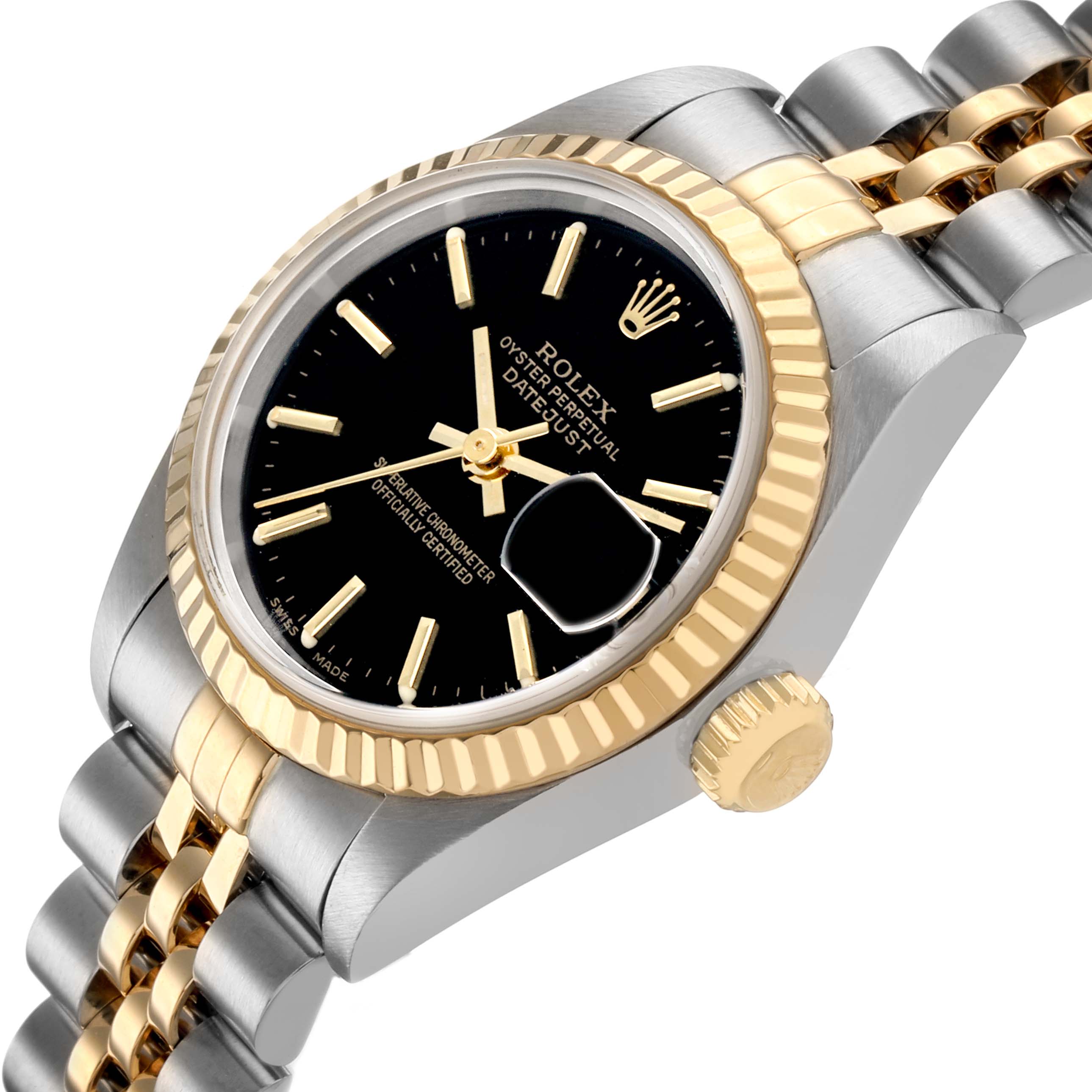 The Rolex Datejust 79173 Women's Stainless Steel Black Dial watch is shown at an angled side view, highlighting the bezel, dial, and bracelet.