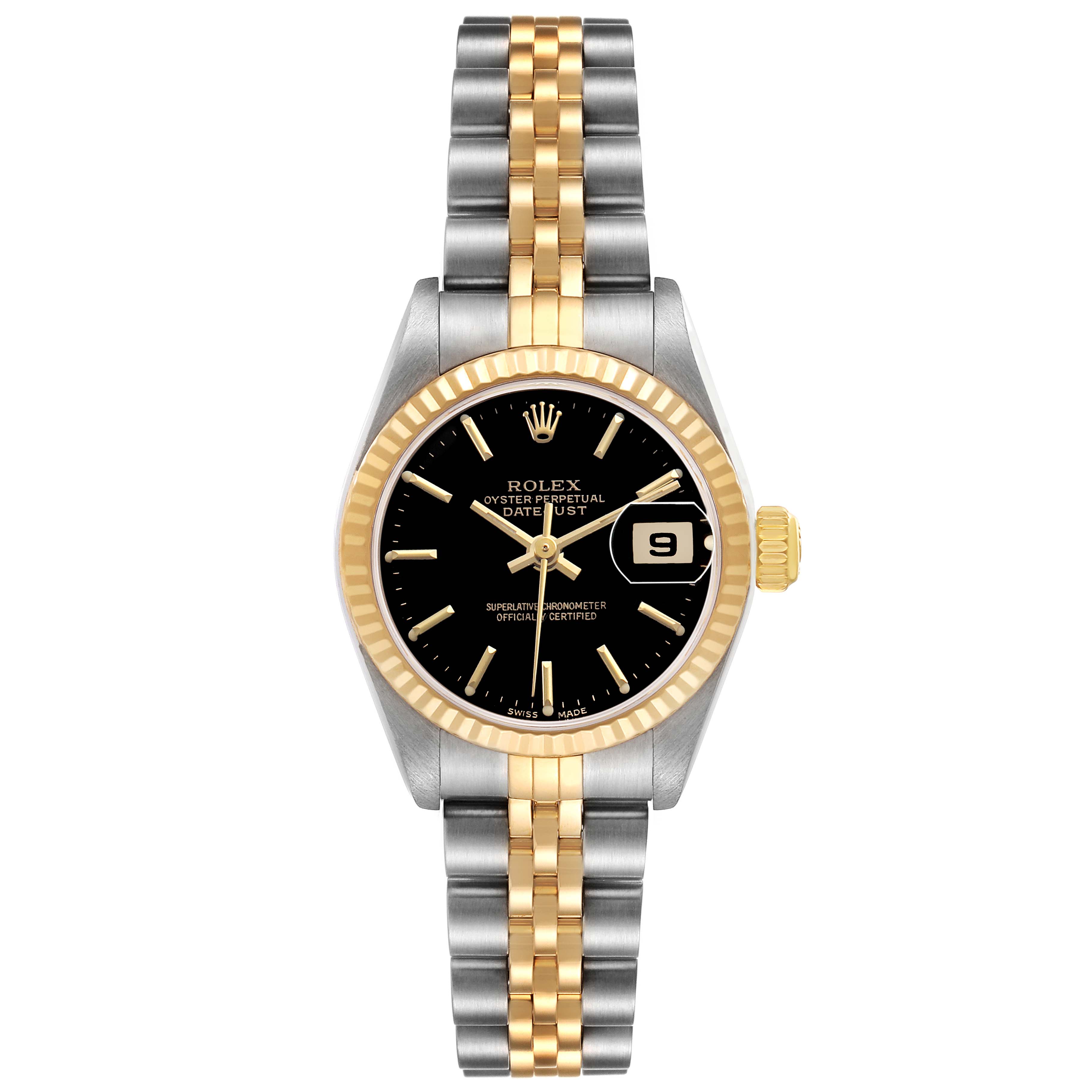 The Rolex Datejust 79173 Women's Stainless Steel Black Dial watch is shown from a front angle displaying the face, bezel, crown, and bracelet.