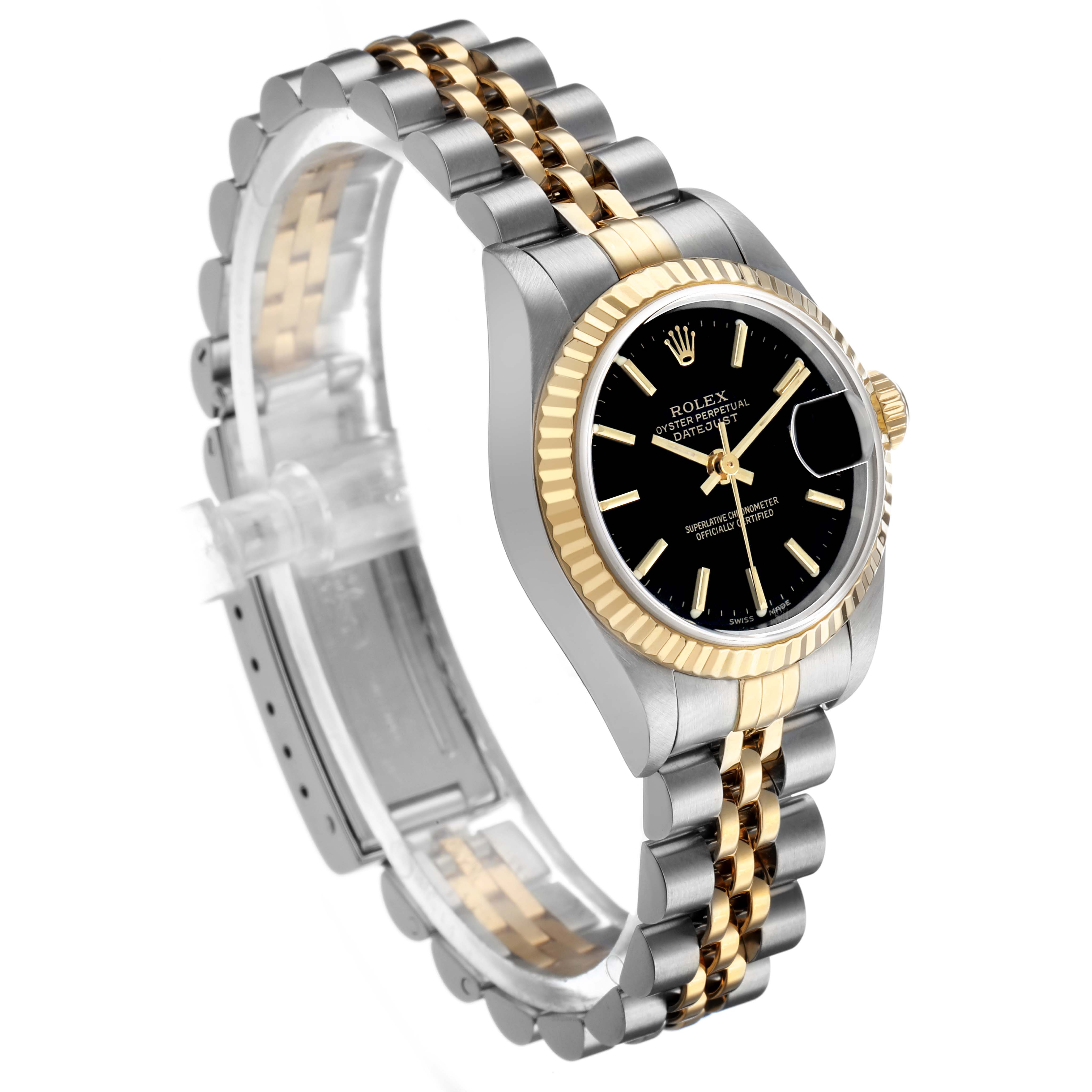 The Rolex Datejust 79173 Women's Stainless Steel Black Dial watch is shown at a three-quarter angle, displaying the face, bezel, crown, and Jubilee bracelet.