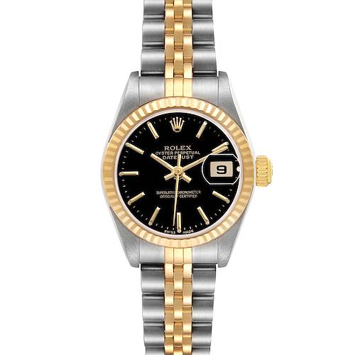 The Rolex Datejust 79173 Women's Stainless Steel Black Dial watch is shown from the front, displaying its dial, bezel, case, and bracelet.