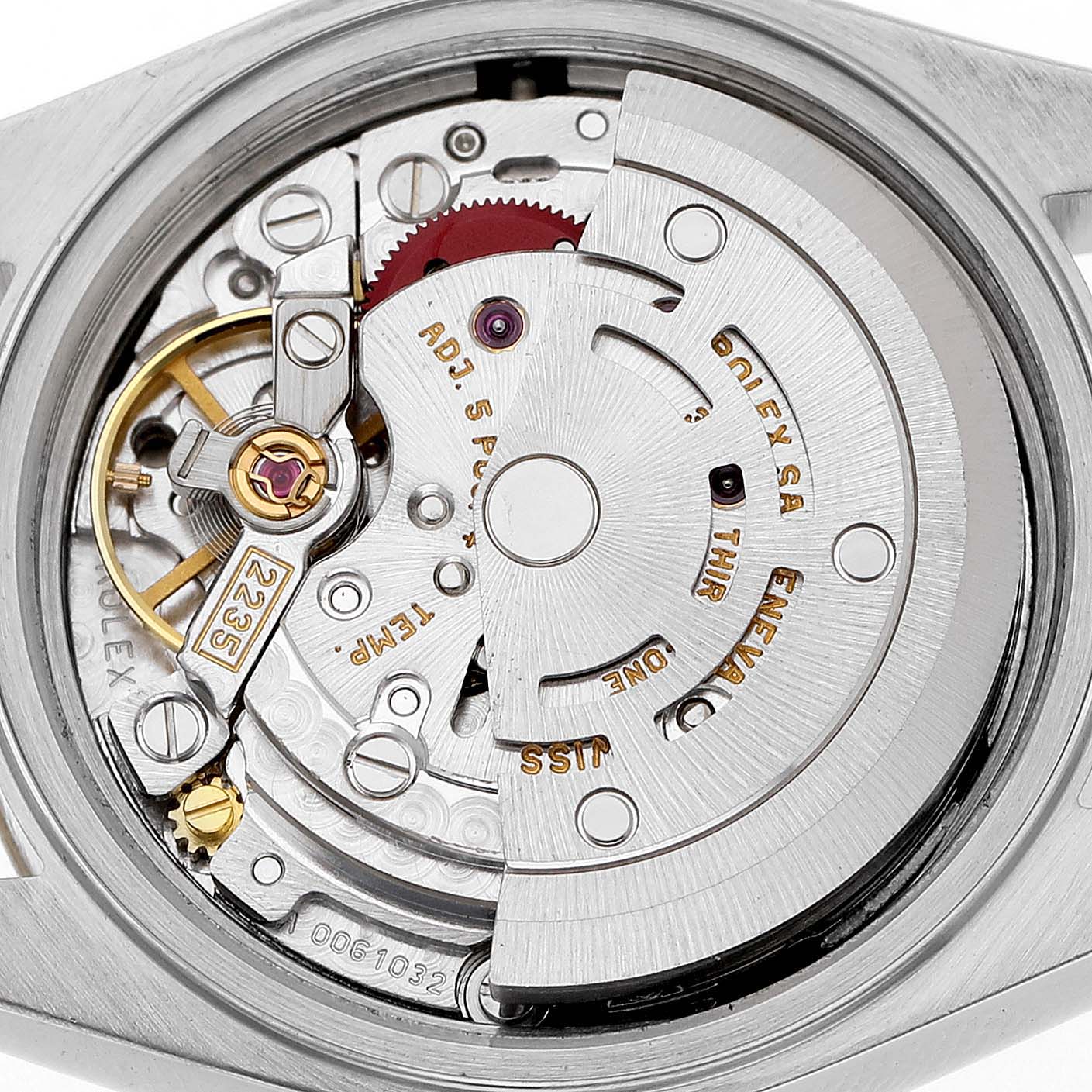 The image shows the movement mechanics of a Rolex Datejust 79173 Women's Stainless Steel Black Dial, highlighting its intricate components from a top-down angle.