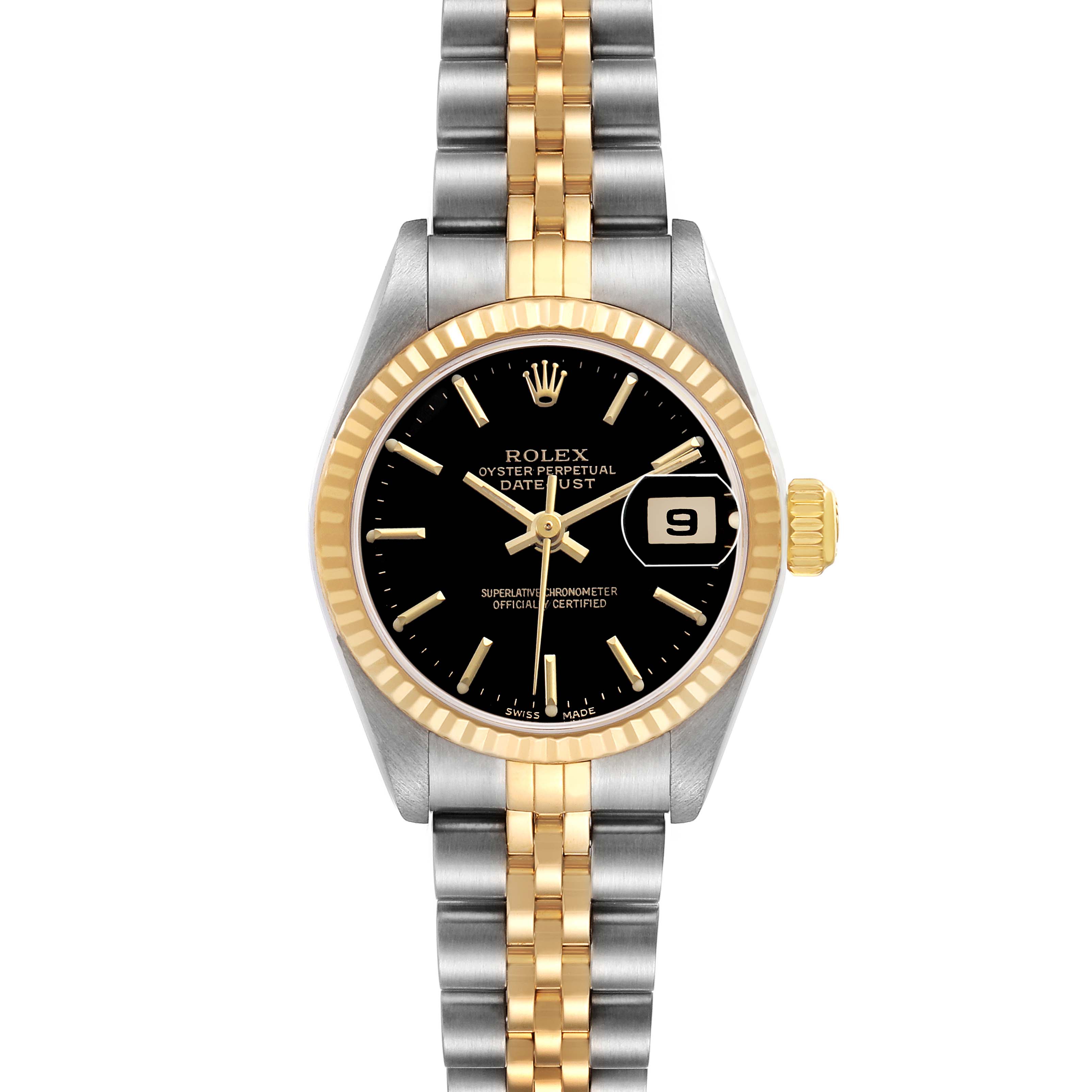 The Rolex Datejust 79173 Women's Stainless Steel Black Dial watch is shown from the front, displaying its black dial, two-tone jubilee bracelet, and fluted bezel.
