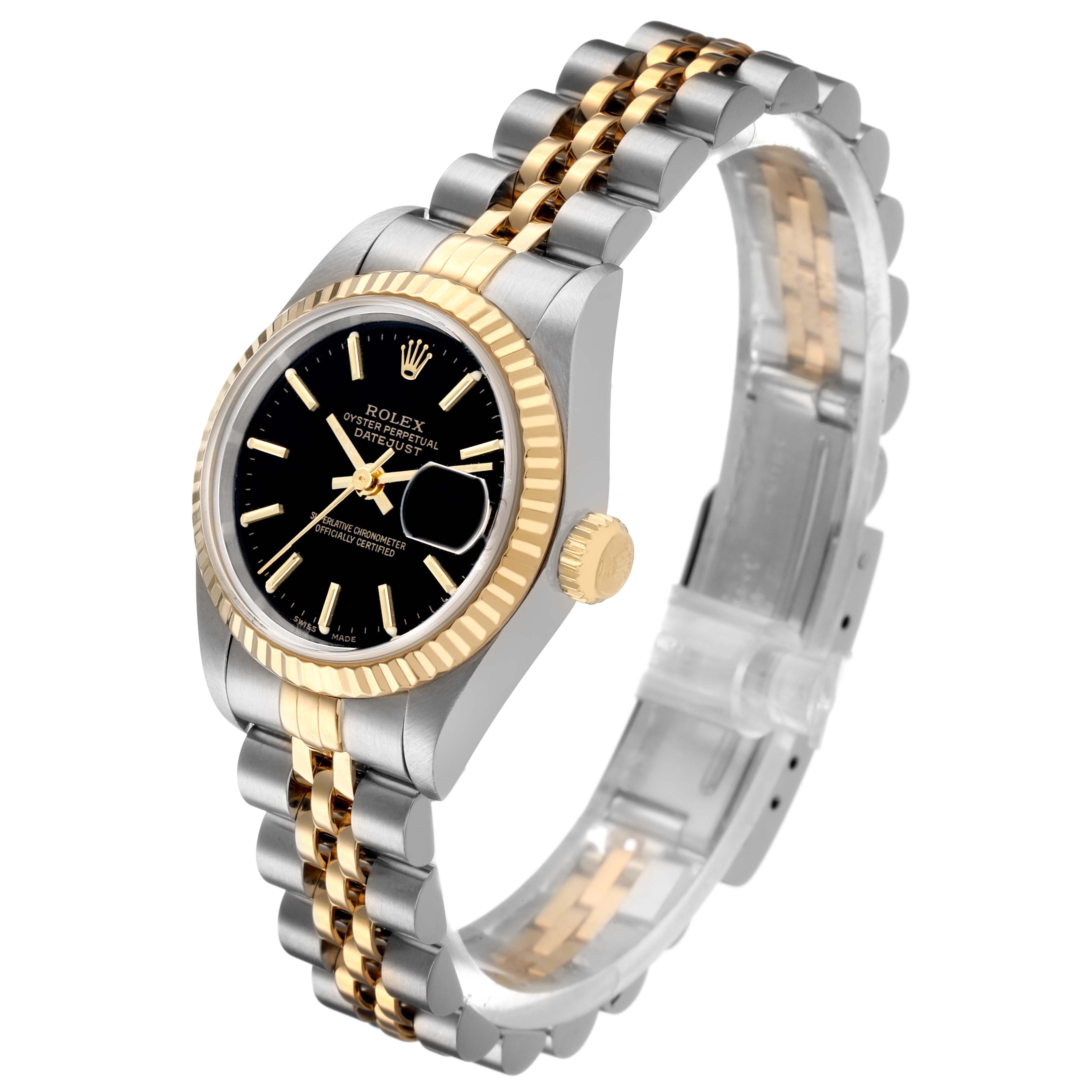 The Rolex Datejust 79173 Women's Stainless Steel Black Dial watch is shown in a three-quarter angle, highlighting the case, bezel, dial, and two-tone bracelet.