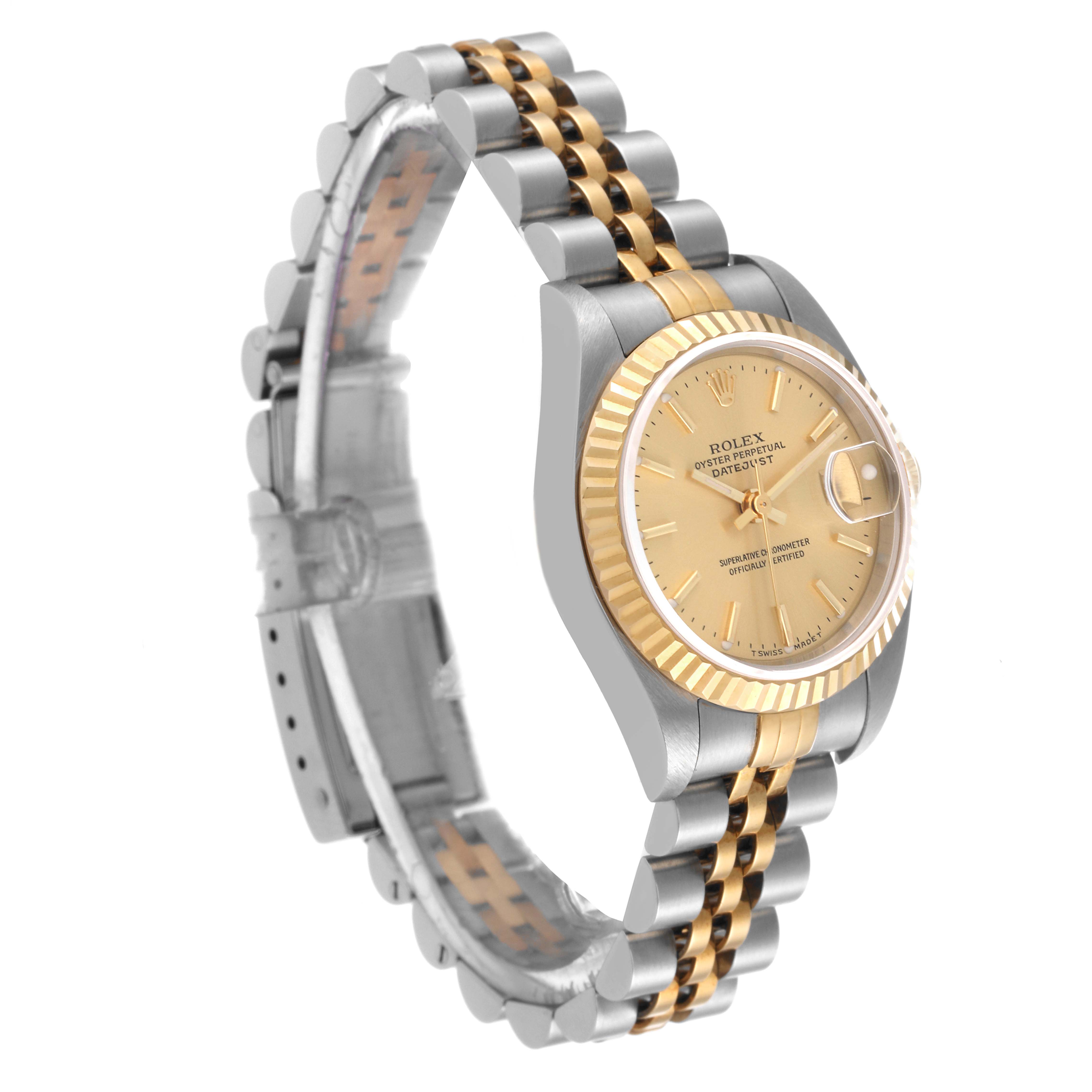 The Rolex Datejust 79173 Women's Steel and Gold (two tone) Champagne Dial 79173 Women's Steel and Gold (two tone) Champagne Dial watch is shown at an angle highlighting its two-tone strap, fluted bezel, and champagne dial.