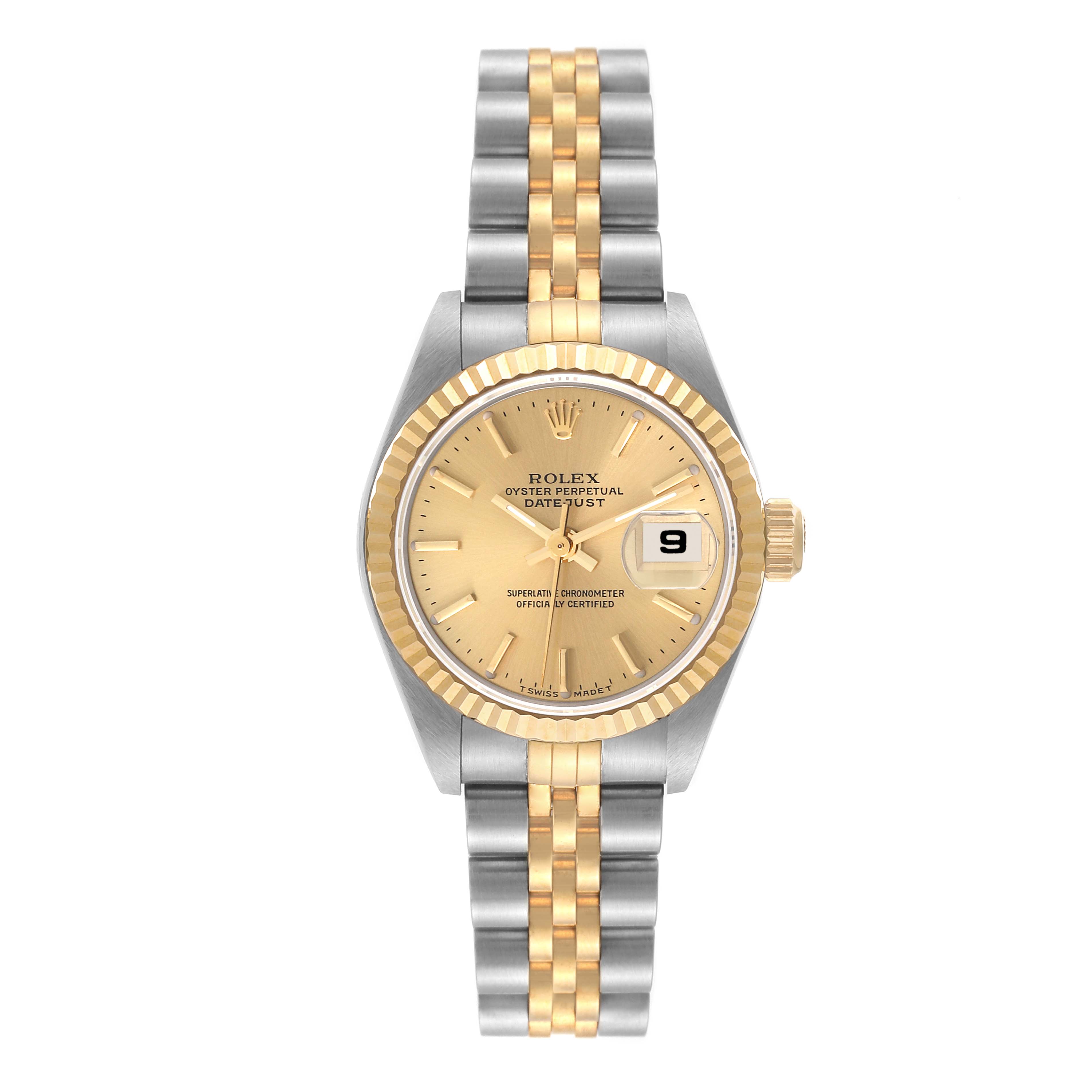 The image shows a front view of the Rolex Datejust 79173 Women's Steel and Gold (two tone) Champagne Dial 79173 Women's Steel and Gold (two tone) Champagne Dial watch, displaying the dial, bezel, and two-tone bracelet.