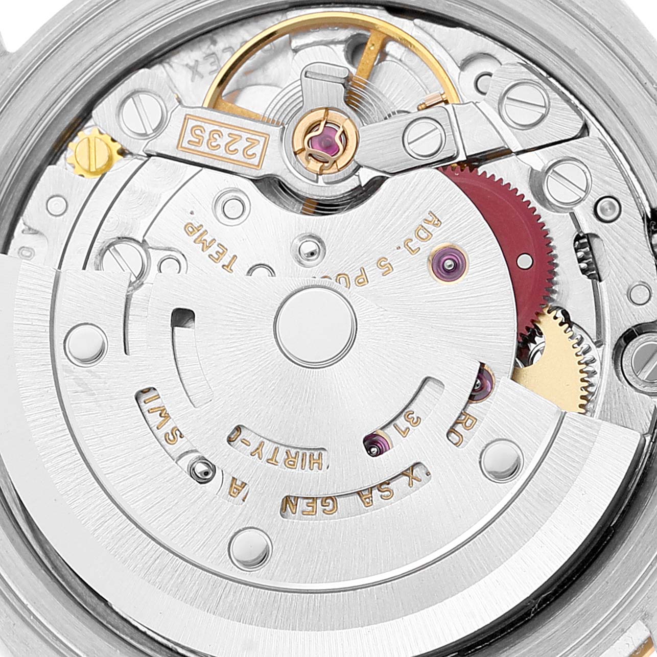 This image shows the intricate movement mechanism of a Rolex Datejust 79173 Women's Steel and Gold (two tone) Champagne Dial 79173 Women's Steel and Gold (two tone) Champagne Dial watch viewed from the back.