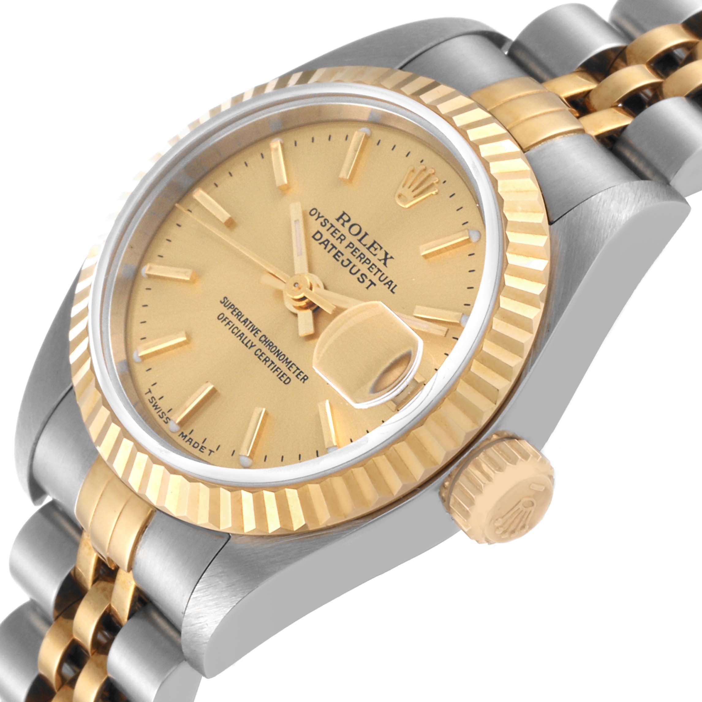 The image shows a close-up, angled view of the Rolex Datejust 79173 Women's Steel and Gold (two tone) Champagne Dial 79173 Women's Steel and Gold (two tone) Champagne Dial watch displaying the dial, crown, bezel, and part of the bracelet.