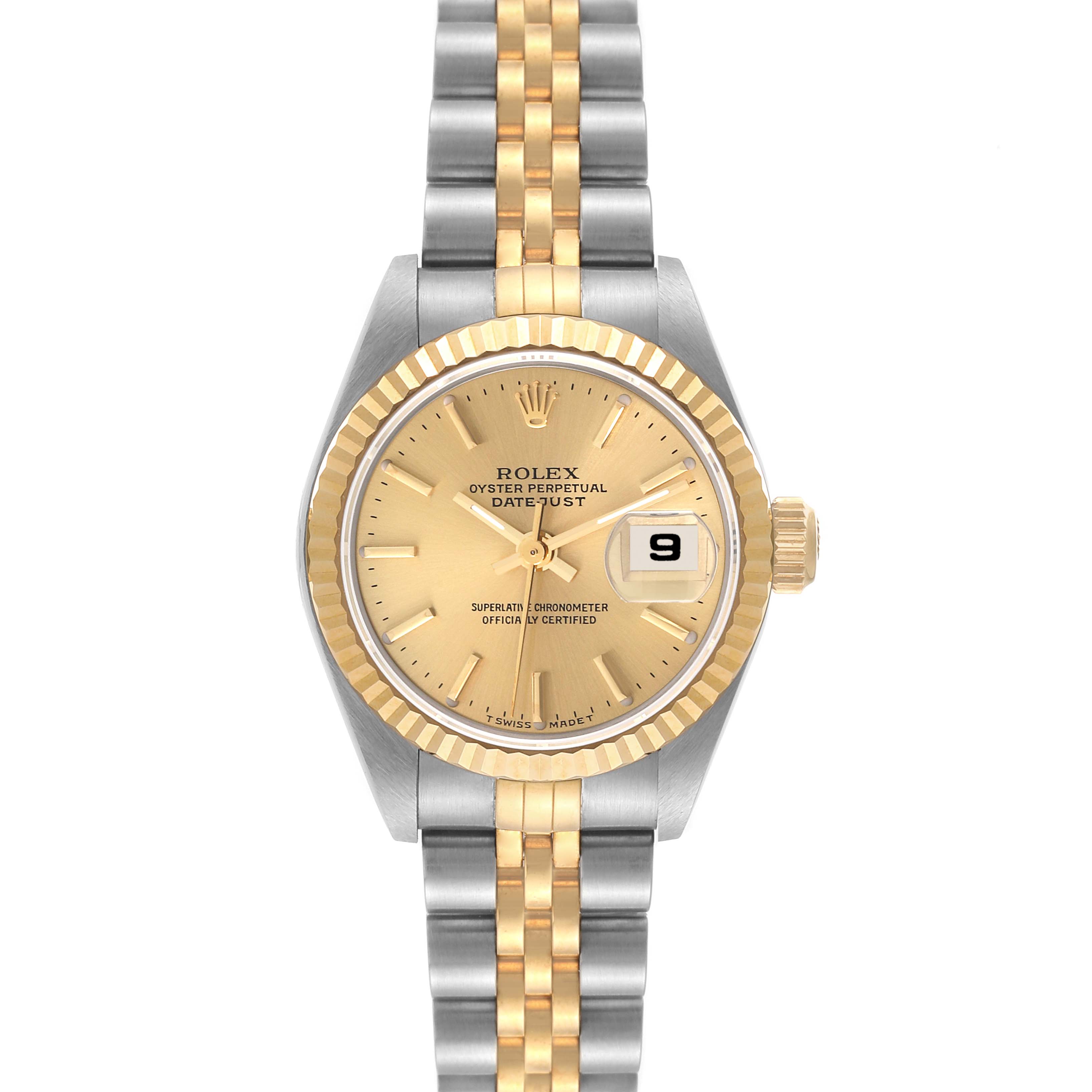 This image shows a front view of a Rolex Datejust 79173 Women's Steel and Gold (two tone) Champagne Dial 79173 Women's Steel and Gold (two tone) Champagne Dial watch, displaying its gold dial, date window, and two-tone bracelet.