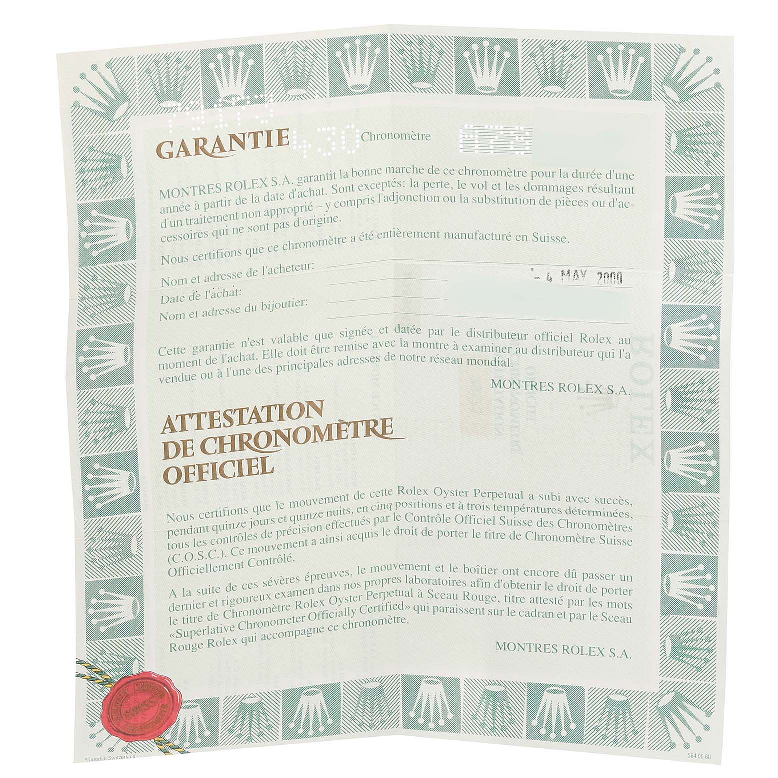 This image shows a guarantee certificate for the Rolex Datejust 79173 Women's Steel and Gold (two tone) Champagne Dial 79173 Women's Steel and Gold (two tone) Champagne Dial model, viewed from above.