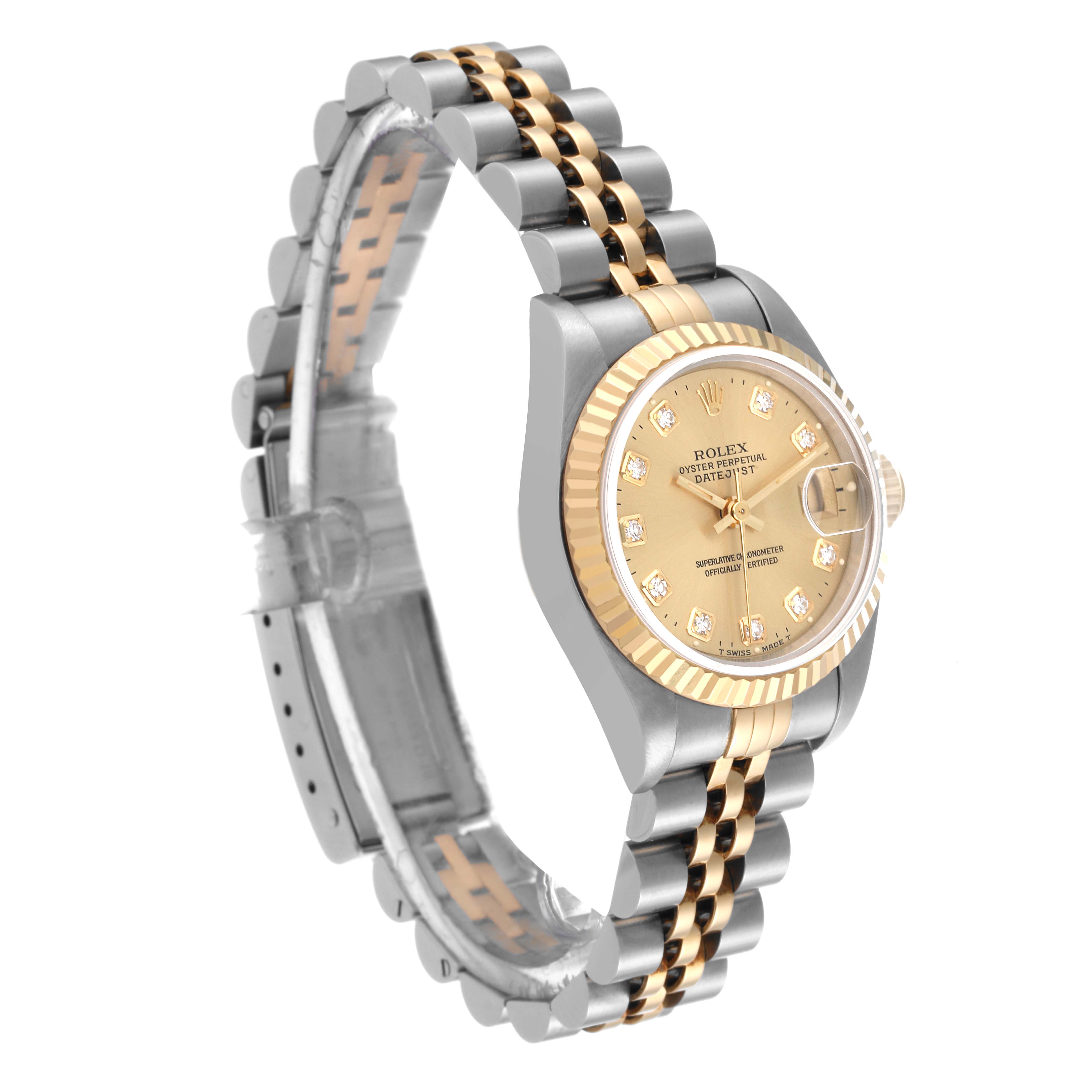 The image shows a side angle of a Rolex Datejust 69173 Women's Steel and Gold (two tone) Champagne Dial 69173 Women's Steel and Gold (two tone) Champagne Dial watch, highlighting its two-tone bracelet and diamond-studded dial.