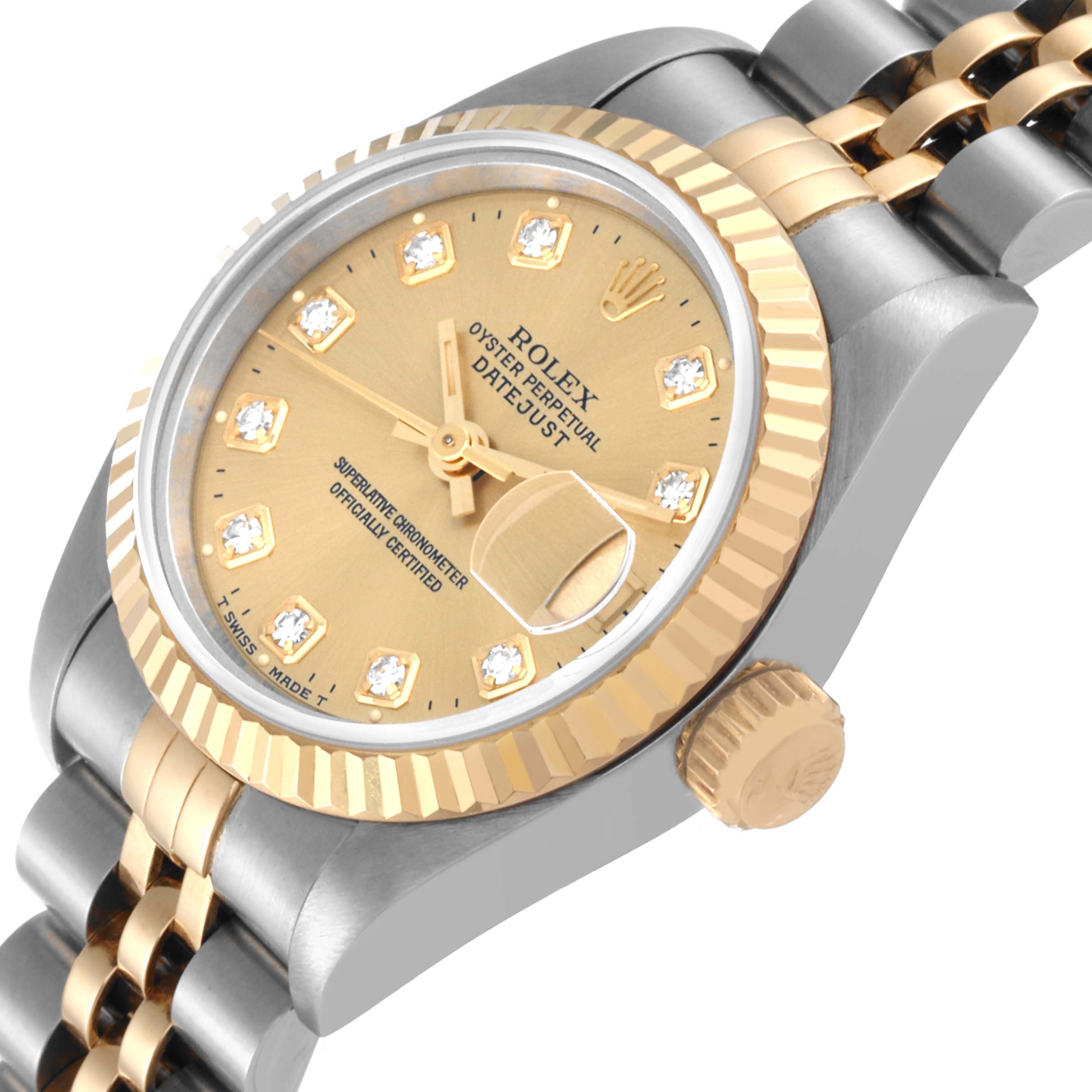 The Rolex Datejust 69173 Women's Steel and Gold (two tone) Champagne Dial 69173 Women's Steel and Gold (two tone) Champagne Dial watch is shown at a three-quarter angle, highlighting its gold bezel, champagne dial, diamond hour markers, and two-tone bracelet.
