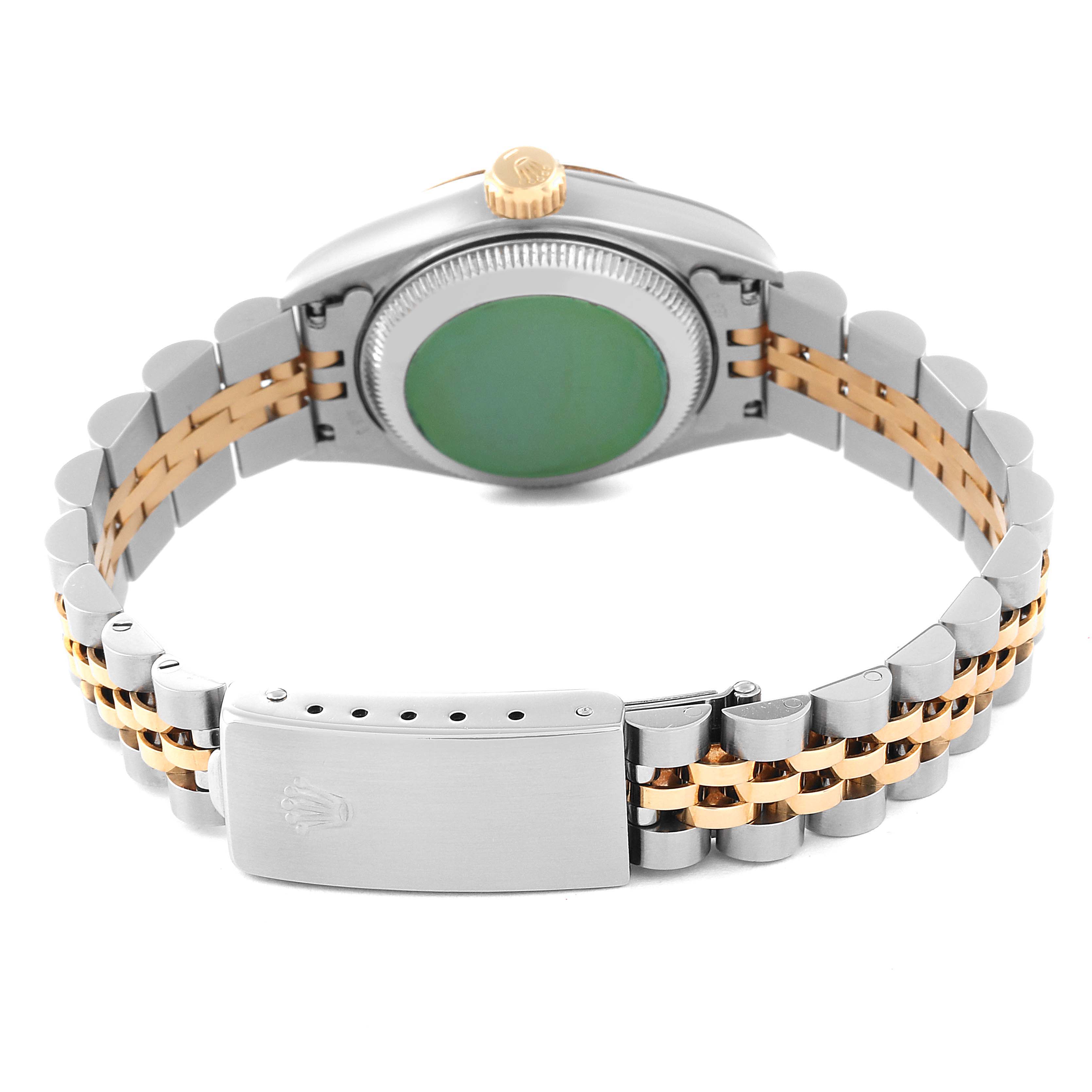 This image shows the back view of a Rolex Datejust 69173 Women's Steel and Gold (two tone) Champagne Dial 69173 Women's Steel and Gold (two tone) Champagne Dial model watch, highlighting its bracelet, clasp, and case back.