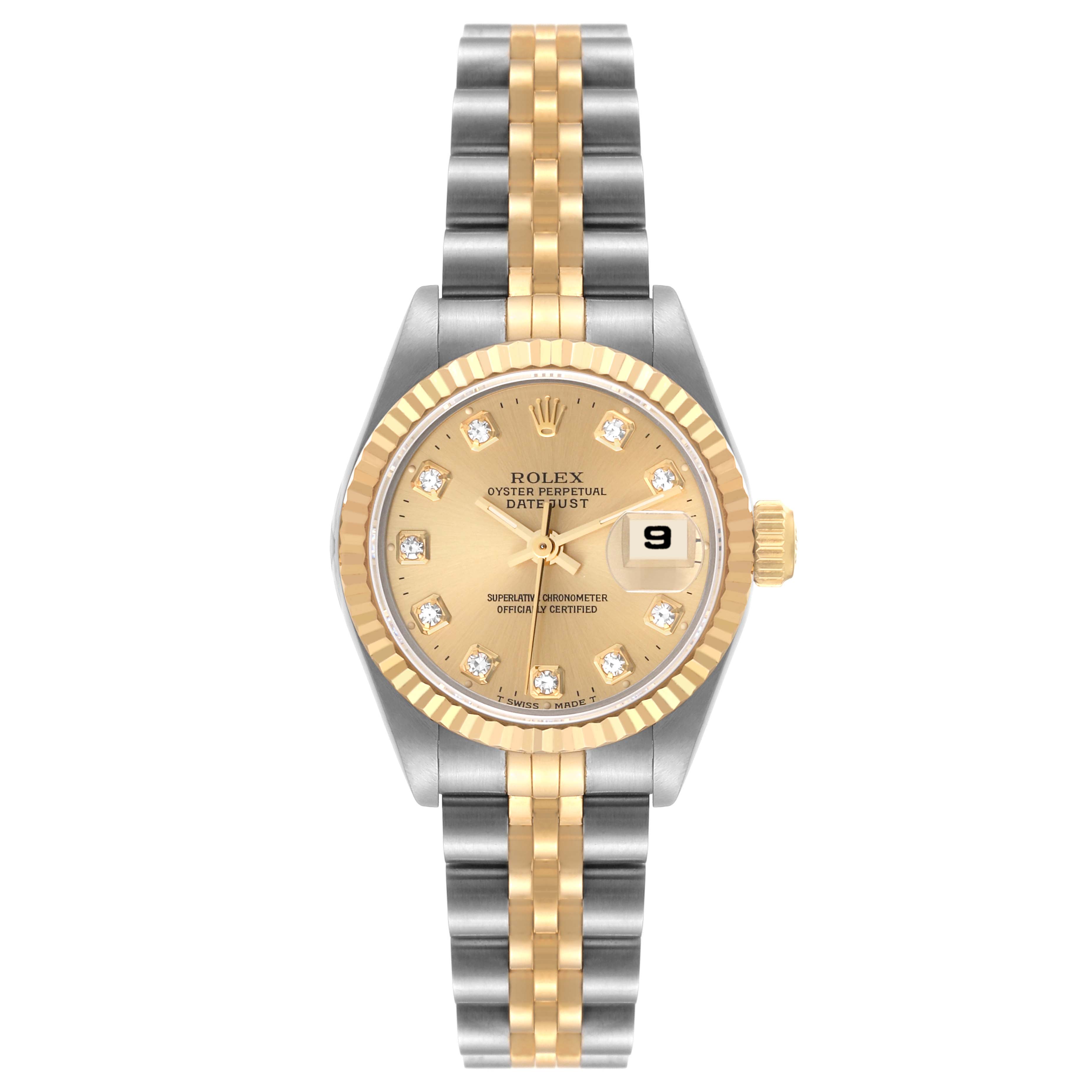 This image shows a front view of a Rolex Datejust 69173 Women's Steel and Gold (two tone) Champagne Dial 69173 Women's Steel and Gold (two tone) Champagne Dial watch with a gold and silver two-tone bracelet and a gold dial featuring diamond hour markers.