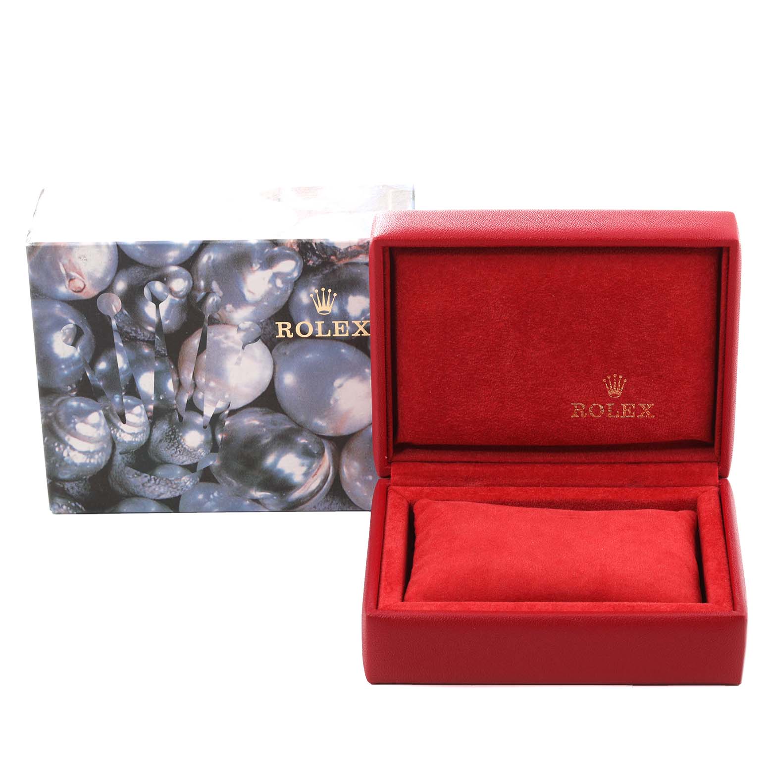 This image shows a red Rolex Datejust 69173 Women's Steel and Gold (two tone) Champagne Dial 69173 Women's Steel and Gold (two tone) Champagne Dial watch box with a matching outer cover featuring a pearl-like design.