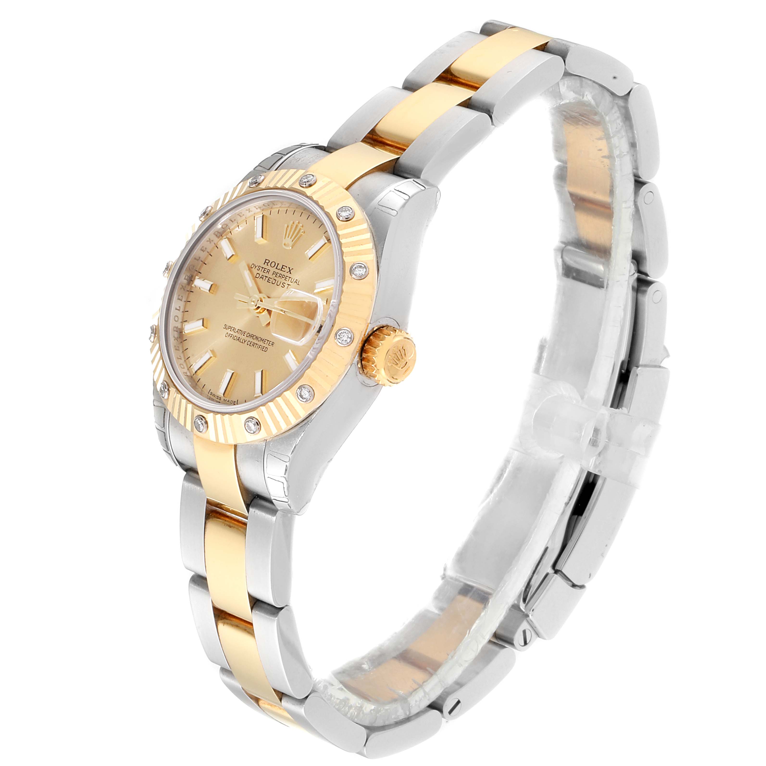 This Rolex Datejust 179313 Women
s Steel and Gold (two tone) Champagne Dial 179313 Women
s Steel and Gold (two tone) Champagne Dial watch is shown at a side angle, displaying its dial, bezel, crown, and two-tone bracelet.