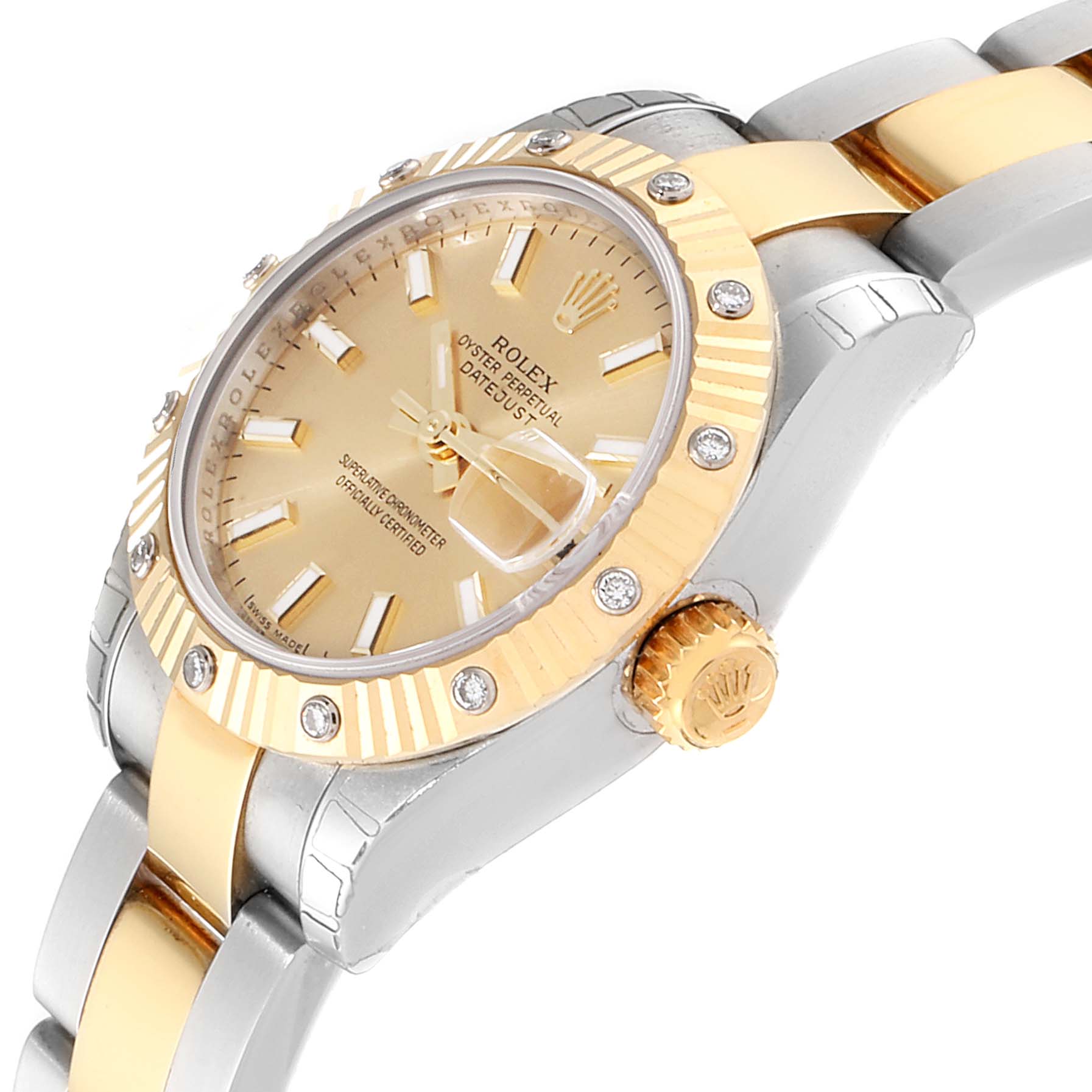 The image shows a side angle of a Rolex Datejust 179313 Women
s Steel and Gold (two tone) Champagne Dial 179313 Women
s Steel and Gold (two tone) Champagne Dial watch, highlighting the crown and part of the bracelet.