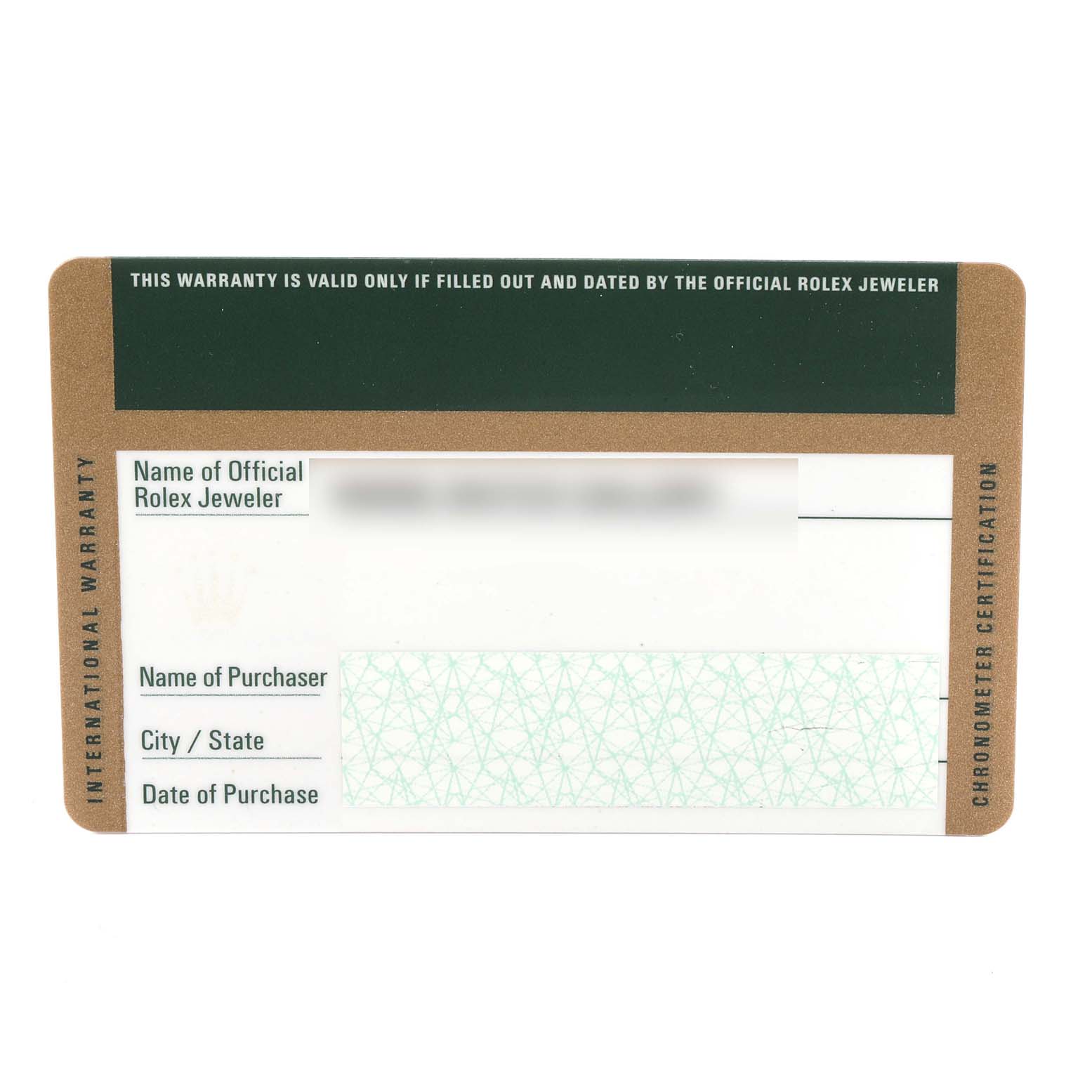 The image shows the warranty card for a Rolex Datejust 179313 Women
s Steel and Gold (two tone) Champagne Dial 179313 Women
s Steel and Gold (two tone) Champagne Dial watch, captured from a top-down angle.