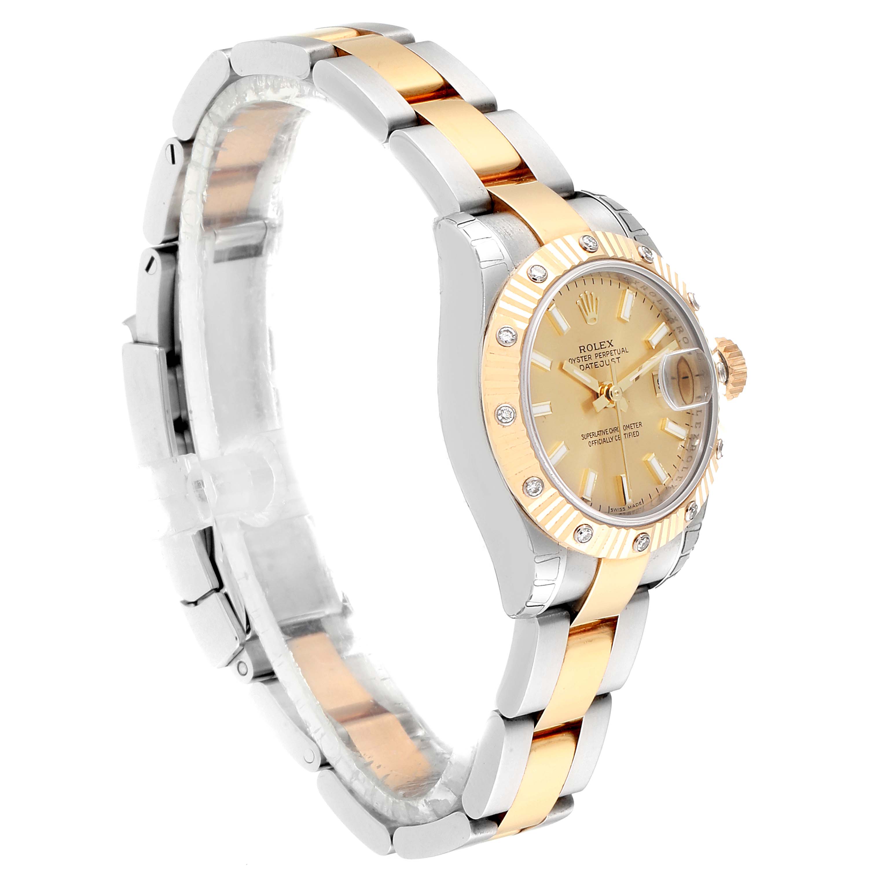 The image shows a side-angle view of a Rolex Datejust 179313 Women
s Steel and Gold (two tone) Champagne Dial 179313 Women
s Steel and Gold (two tone) Champagne Dial watch, highlighting its two-tone bracelet and gold dial.