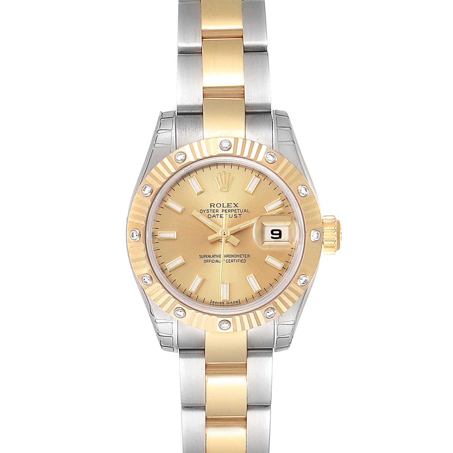 This image shows a front view of the Rolex Datejust 179313 Women
s Steel and Gold (two tone) Champagne Dial 179313 Women
s Steel and Gold (two tone) Champagne Dial watch, highlighting the dial, bezel, and two-tone bracelet.