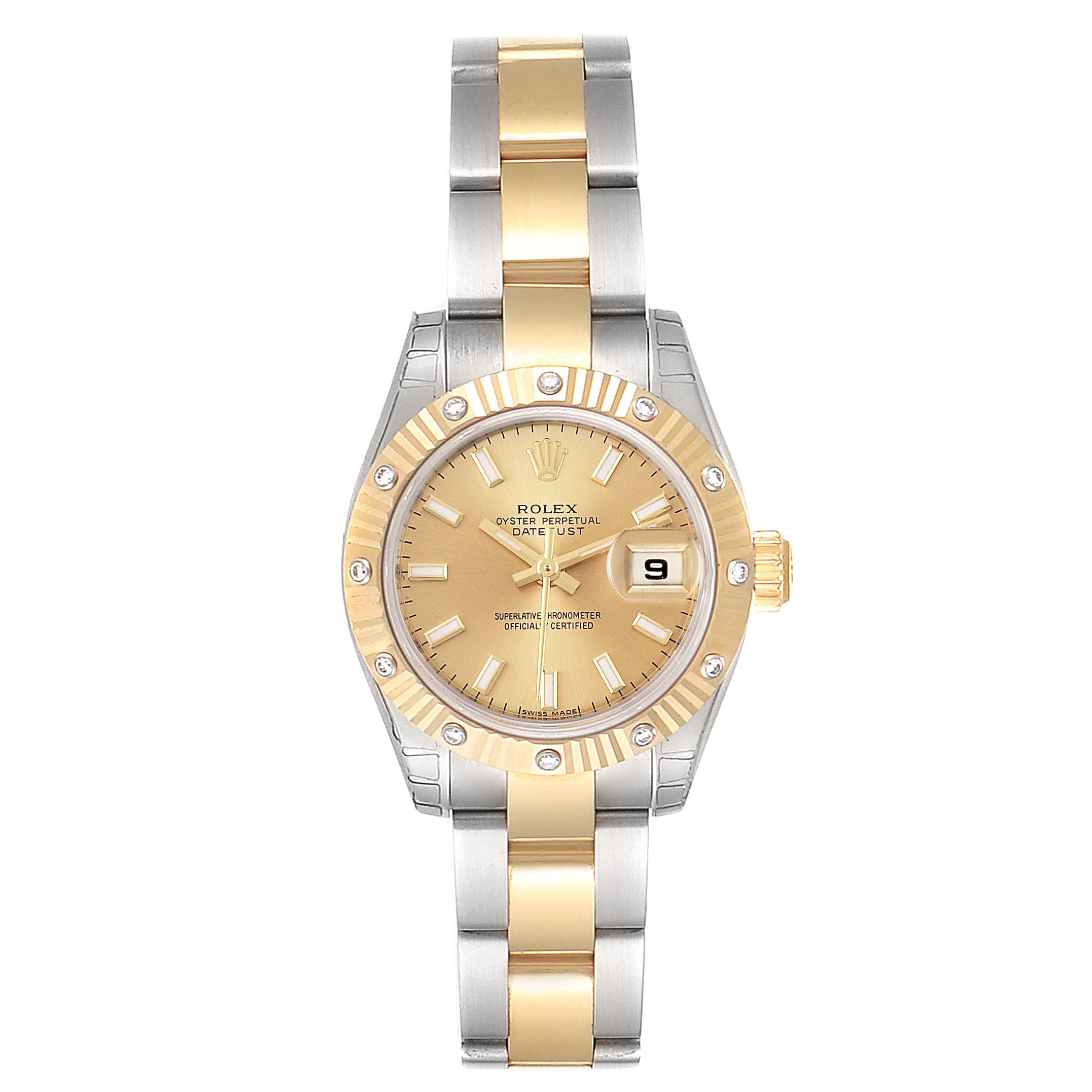 The image shows a front view of a Rolex Datejust 179313 Women
s Steel and Gold (two tone) Champagne Dial 179313 Women
s Steel and Gold (two tone) Champagne Dial watch, highlighting its two-tone gold and silver band, gold dial, and date window.