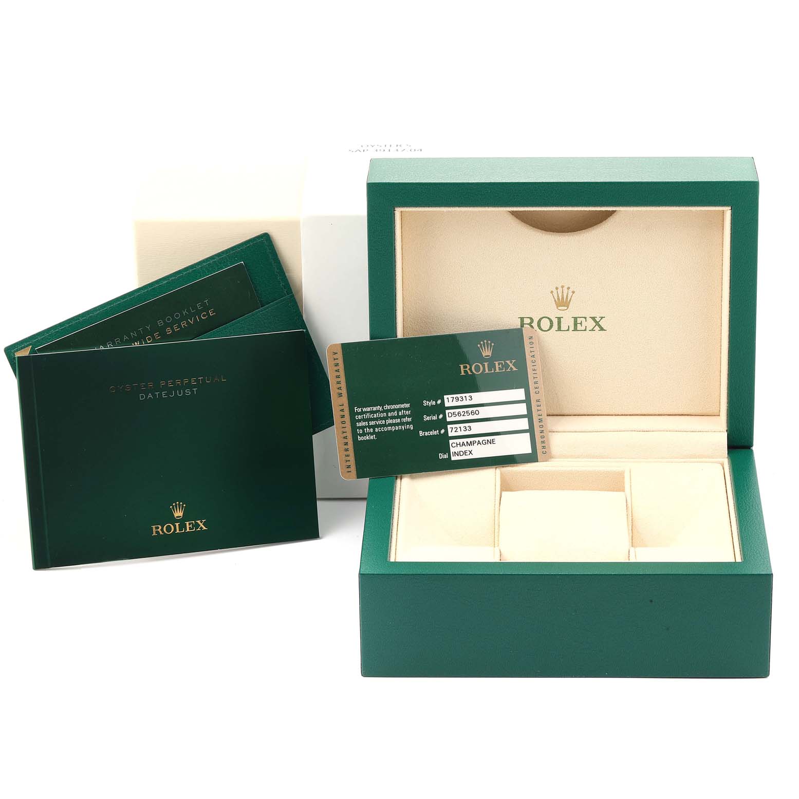 The image shows a green Rolex Datejust 179313 Women
s Steel and Gold (two tone) Champagne Dial 179313 Women
s Steel and Gold (two tone) Champagne Dial watch box, warranty booklet, and a card displaying watch details.