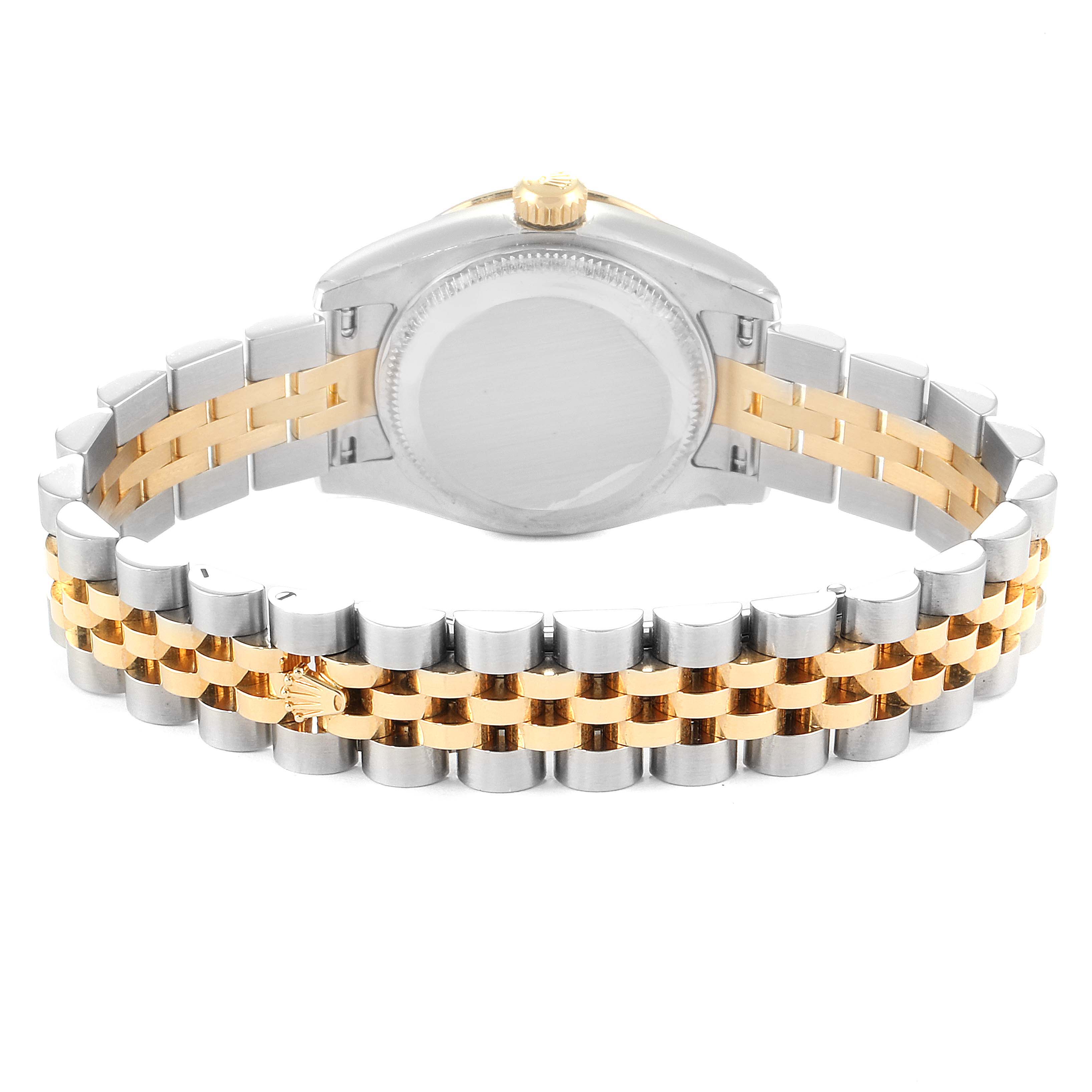 The image shows the back view of a Rolex Datejust 179313 Women
s Steel and Gold (two tone) Mother of Pearl Dial 179313 Women
s Steel and Gold (two tone) Mother of Pearl Dial watch, with a two-tone metal bracelet and the crown visible on top.