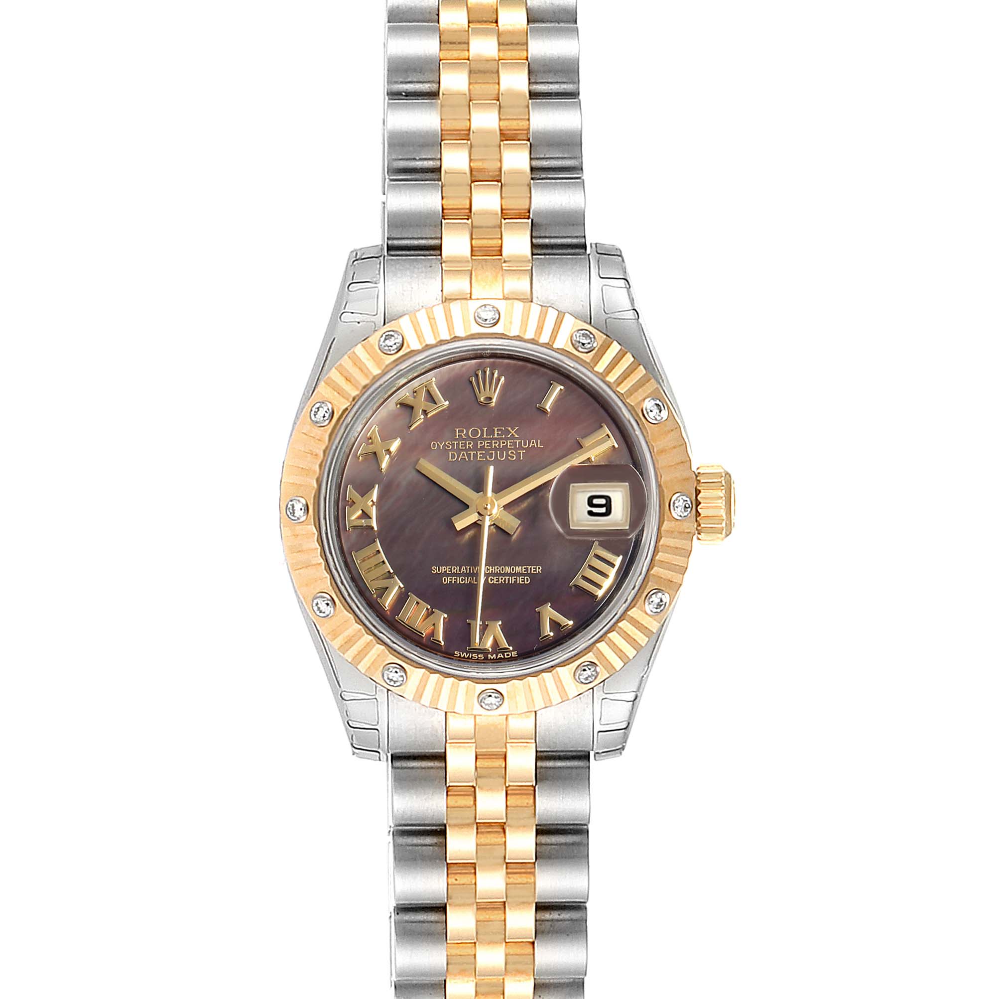 The image shows a frontal view of the Rolex Datejust 179313 Women
s Steel and Gold (two tone) Mother of Pearl Dial 179313 Women
s Steel and Gold (two tone) Mother of Pearl Dial watch, featuring its dial, bezel, and two-tone bracelet.