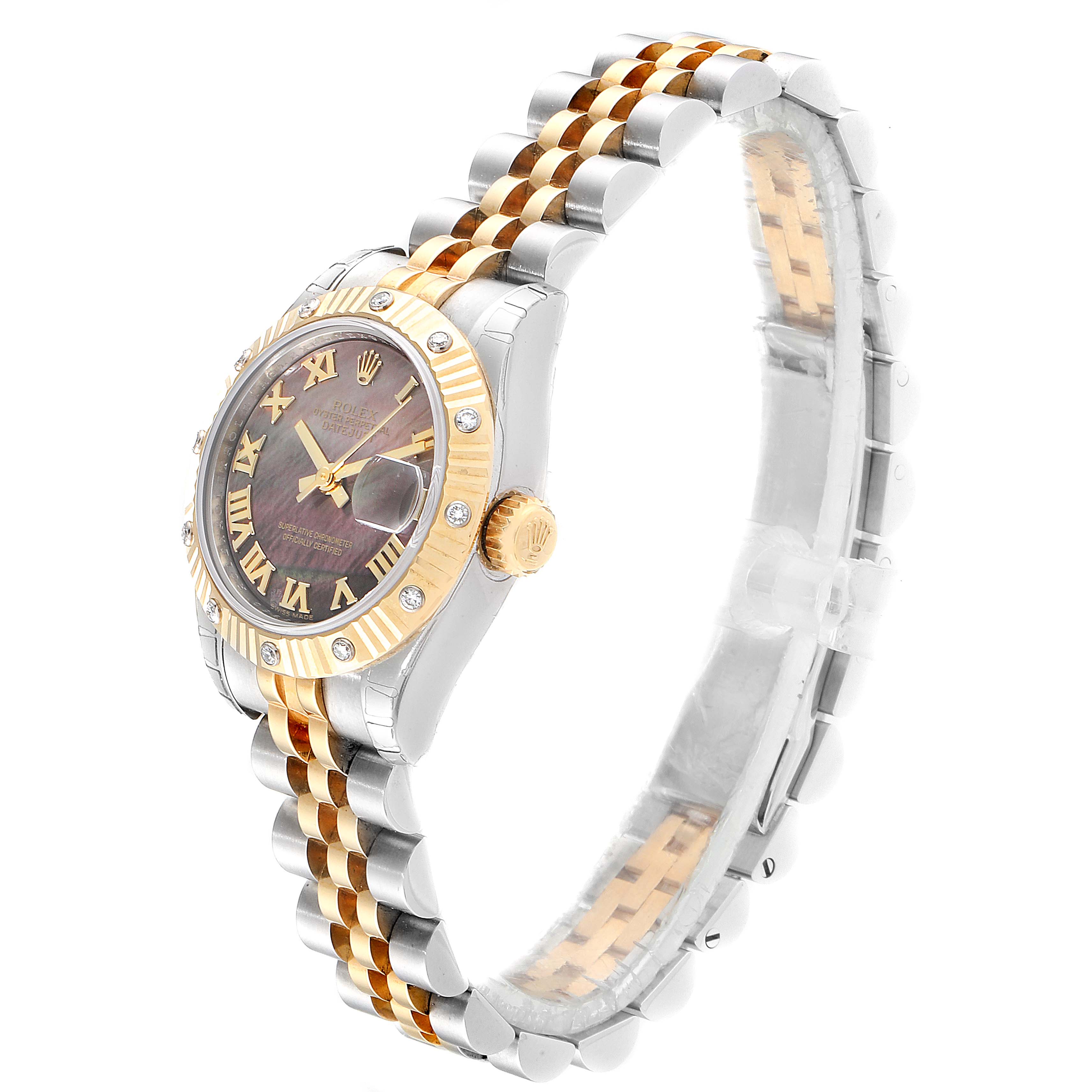 The Rolex Datejust 179313 Women
s Steel and Gold (two tone) Mother of Pearl Dial 179313 Women
s Steel and Gold (two tone) Mother of Pearl Dial watch is shown from a side angle, featuring the dial, bezel, crown, and bracelet.