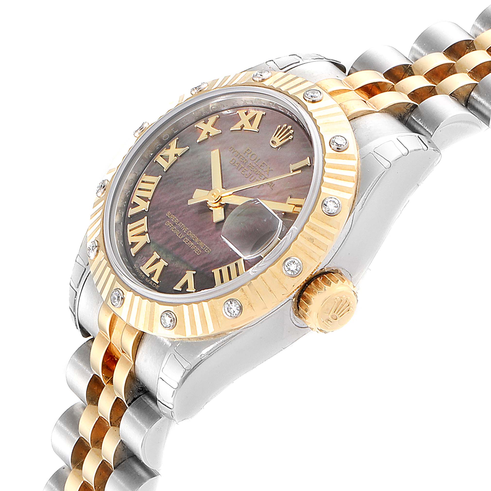 This image of a Rolex Datejust 179313 Women
s Steel and Gold (two tone) Mother of Pearl Dial 179313 Women
s Steel and Gold (two tone) Mother of Pearl Dial shows an angled view of the dial, bezel, crown, and part of the bracelet.