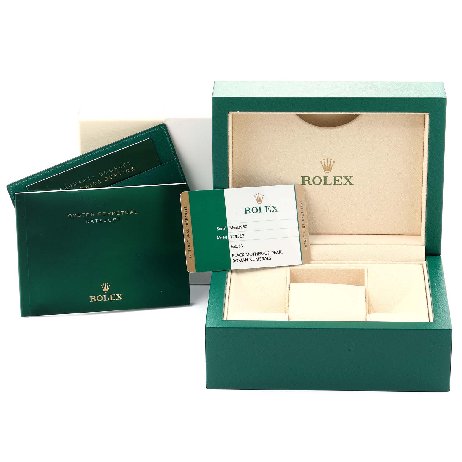 The image shows a Rolex Datejust 179313 Women
s Steel and Gold (two tone) Mother of Pearl Dial 179313 Women
s Steel and Gold (two tone) Mother of Pearl Dial box, warranty booklet, and identification card featuring model and serial number details.