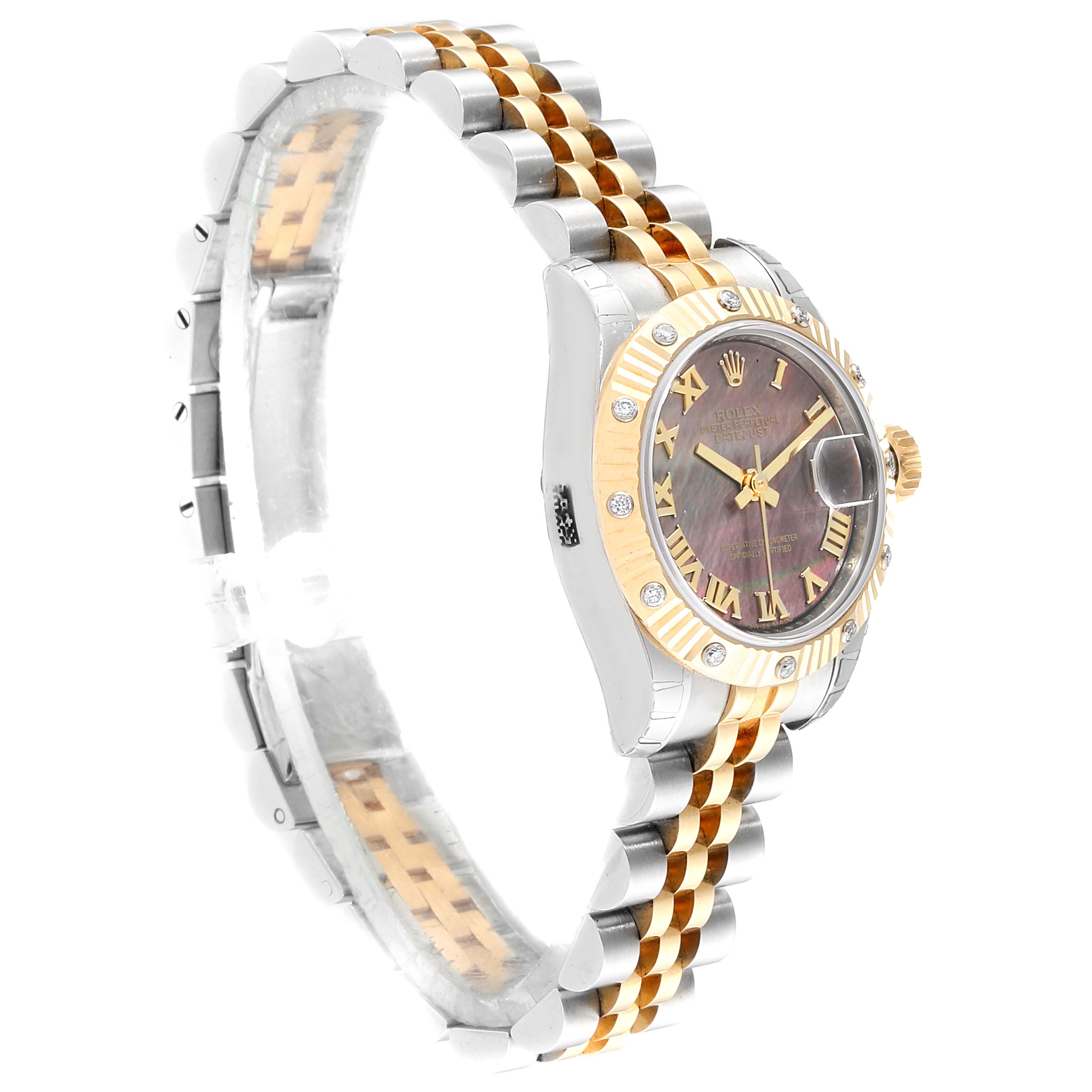 The image shows a Rolex Datejust 179313 Women
s Steel and Gold (two tone) Mother of Pearl Dial 179313 Women
s Steel and Gold (two tone) Mother of Pearl Dial watch at an angle, highlighting its two-tone bracelet, bezel, and dial with Roman numerals.