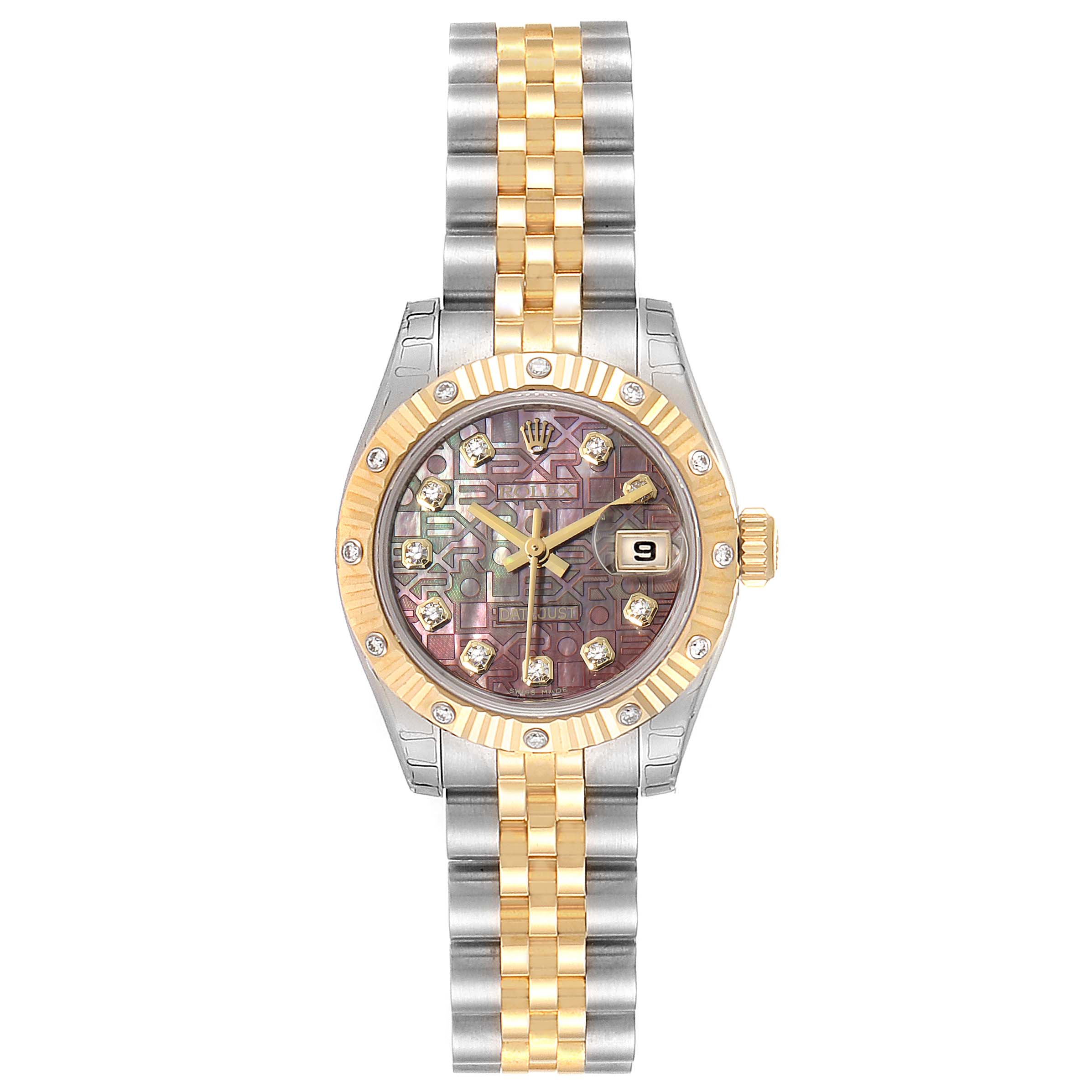The image shows a Rolex Datejust 179313 Women's Steel and Gold (two tone) Mother of Pearl Dial 179313 Women's Steel and Gold (two tone) Mother of Pearl Dial watch from a top-down angle, highlighting its bezel, face, and two-tone bracelet.
