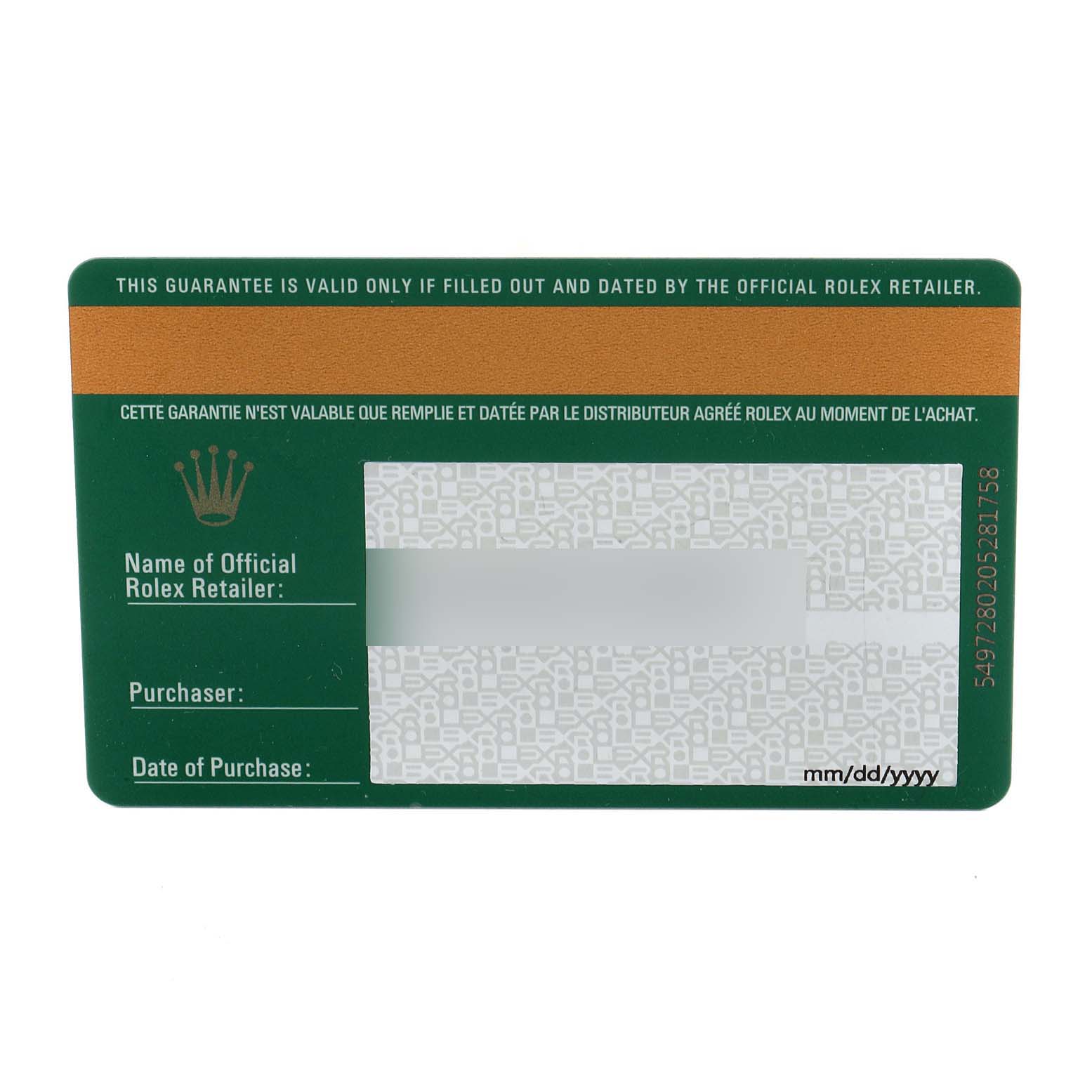 This is a front view of a green and orange Rolex Datejust 179313 Women's Steel and Gold (two tone) Mother of Pearl Dial 179313 Women's Steel and Gold (two tone) Mother of Pearl Dial guarantee card.