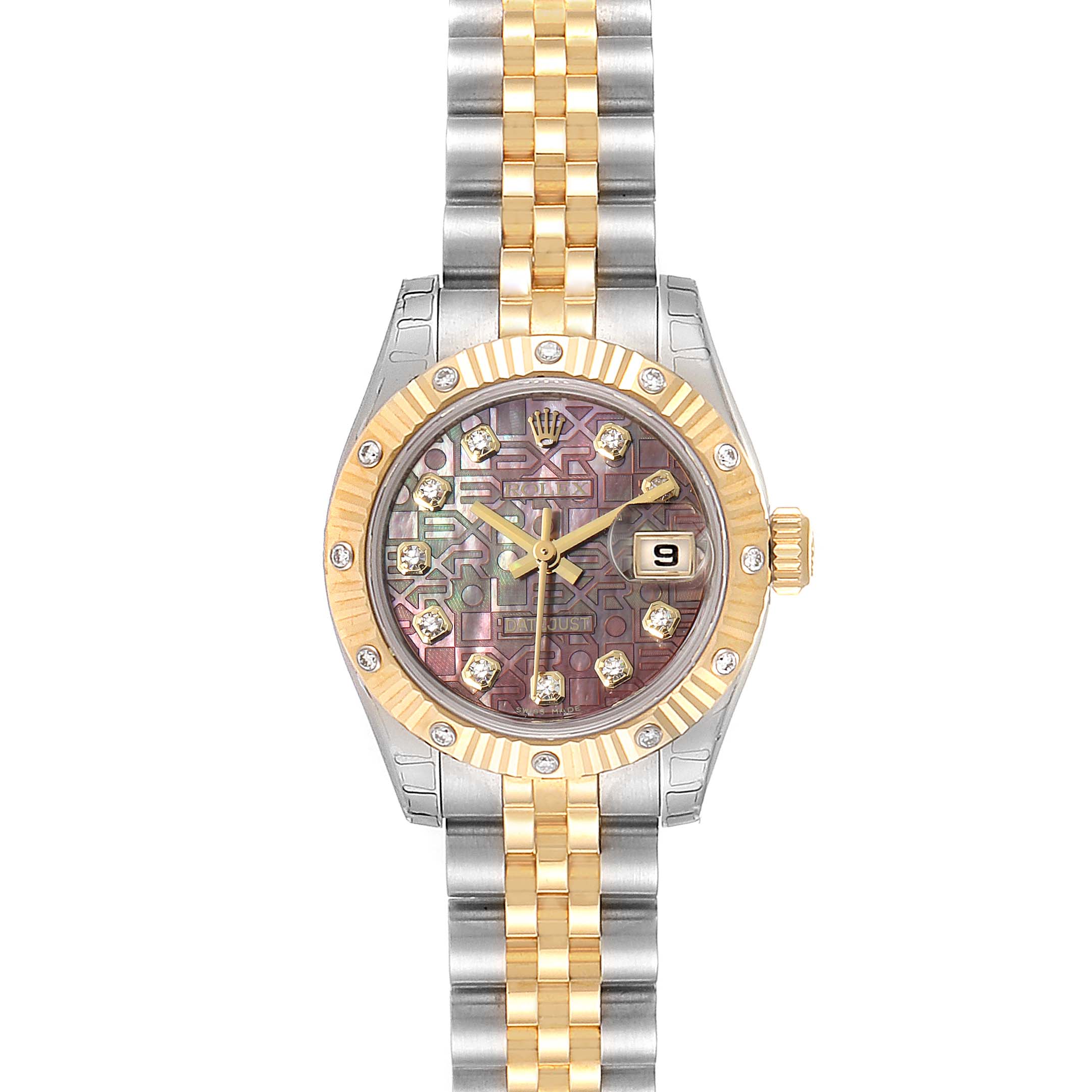 This image shows a Rolex Datejust 179313 Women's Steel and Gold (two tone) Mother of Pearl Dial 179313 Women's Steel and Gold (two tone) Mother of Pearl Dial watch from a top-down angle, featuring the dial, bezel, and bracelet.