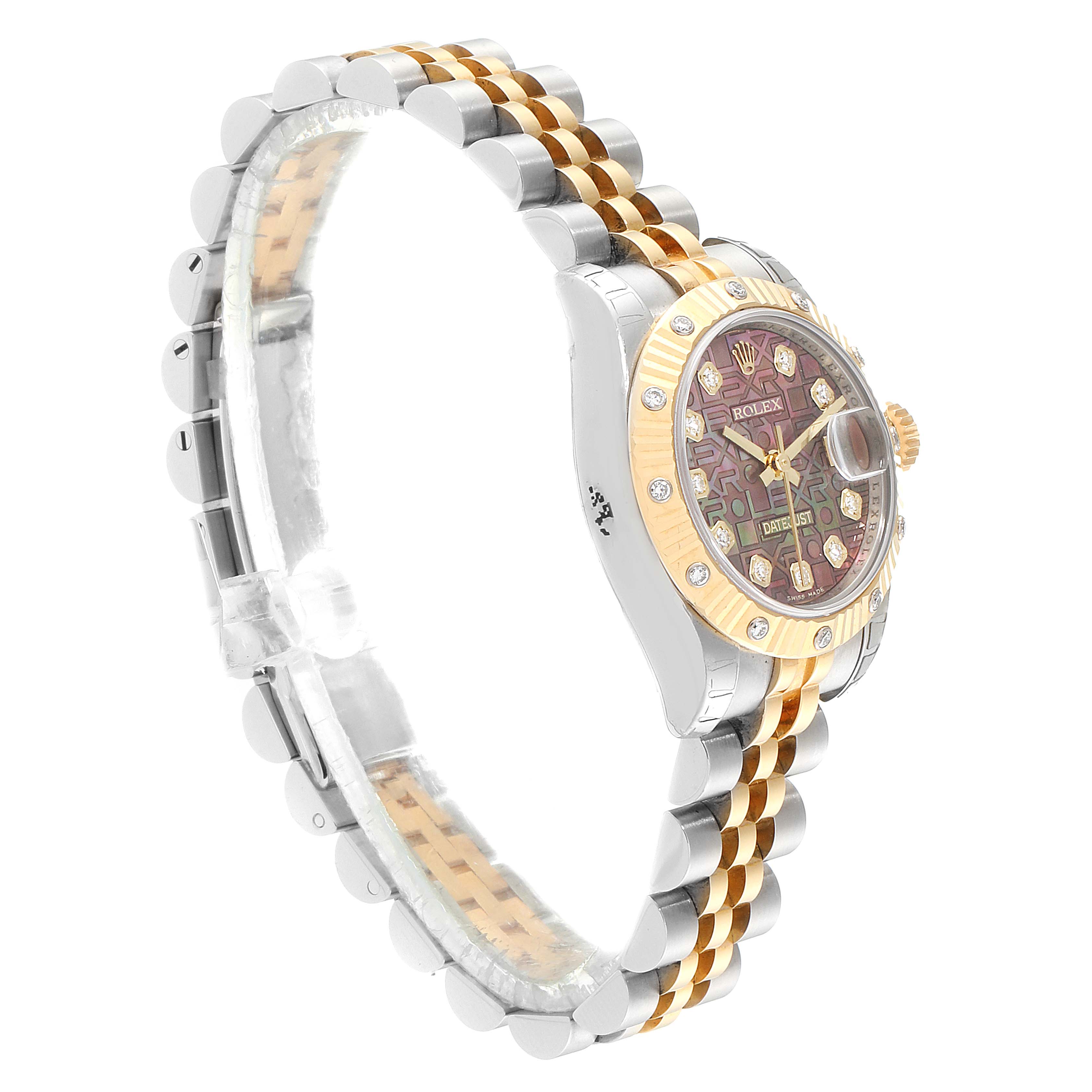 The image shows a side view of a Rolex Datejust 179313 Women's Steel and Gold (two tone) Mother of Pearl Dial 179313 Women's Steel and Gold (two tone) Mother of Pearl Dial watch, highlighting its bracelet and case with gold accents.