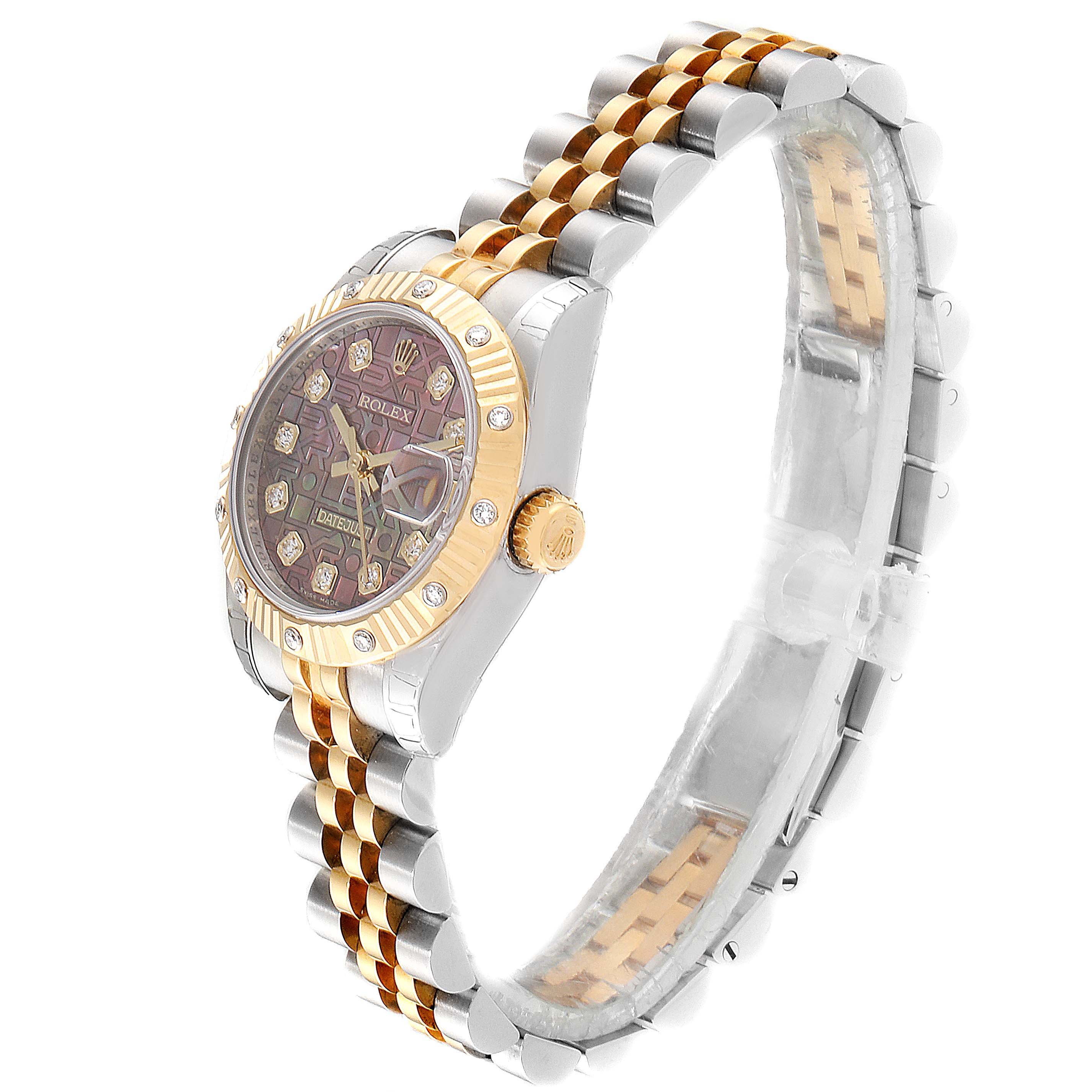 The Rolex Datejust 179313 Women's Steel and Gold (two tone) Mother of Pearl Dial 179313 Women's Steel and Gold (two tone) Mother of Pearl Dial watch is shown at a front angle highlighting the face, bezel, and two-tone bracelet.