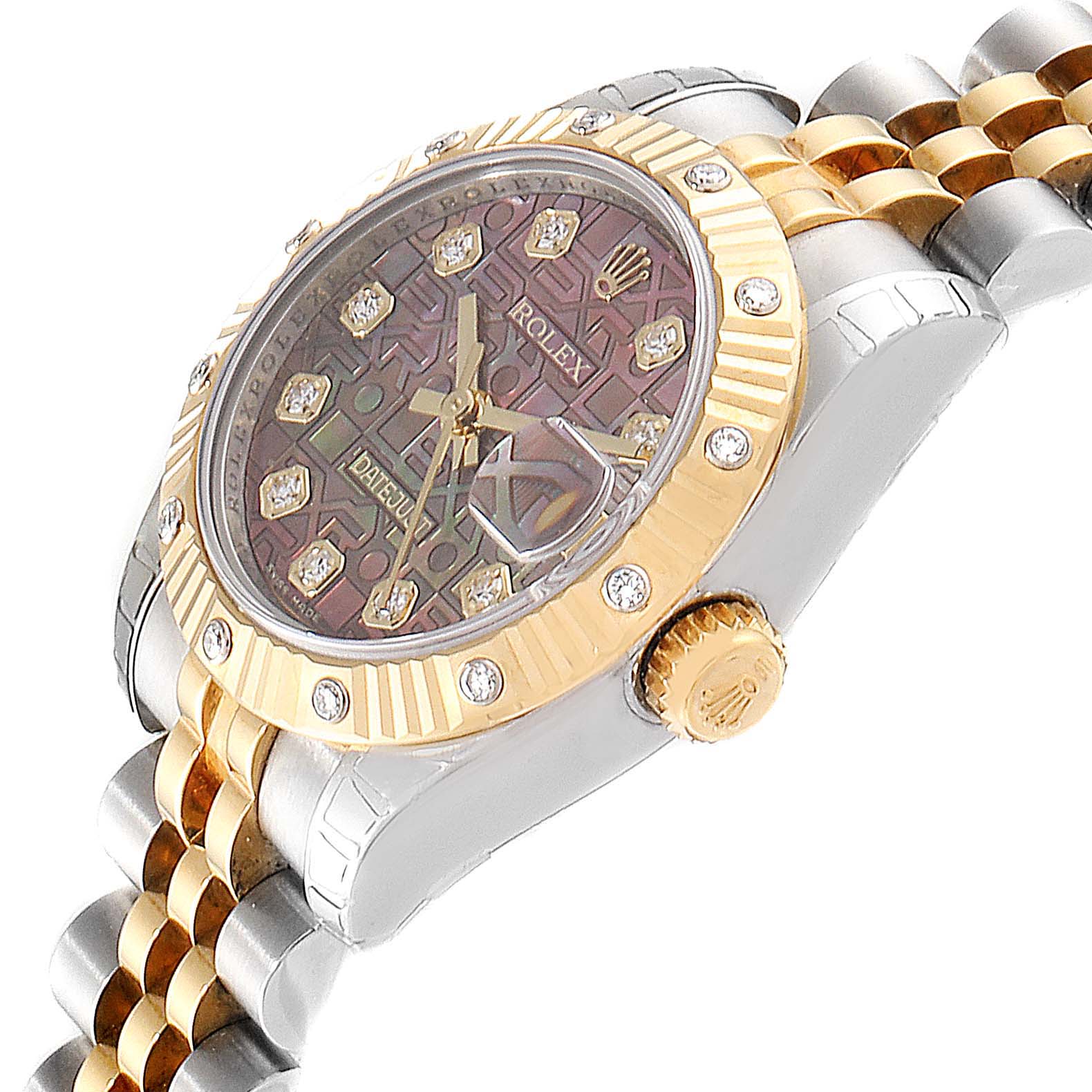 The image shows the side and front of a Rolex Datejust 179313 Women's Steel and Gold (two tone) Mother of Pearl Dial 179313 Women's Steel and Gold (two tone) Mother of Pearl Dial watch, highlighting its bezel, dial, crown, and Jubilee bracelet.